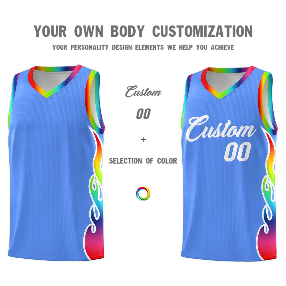 Custom Powder Blue Side Flame Pattern Fashion Sports Uniform Basketball Jersey