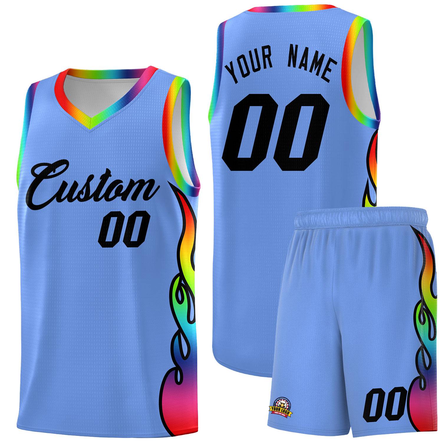 Custom Light Blue Side Flame Pattern Fashion Sports Uniform Basketball Jersey