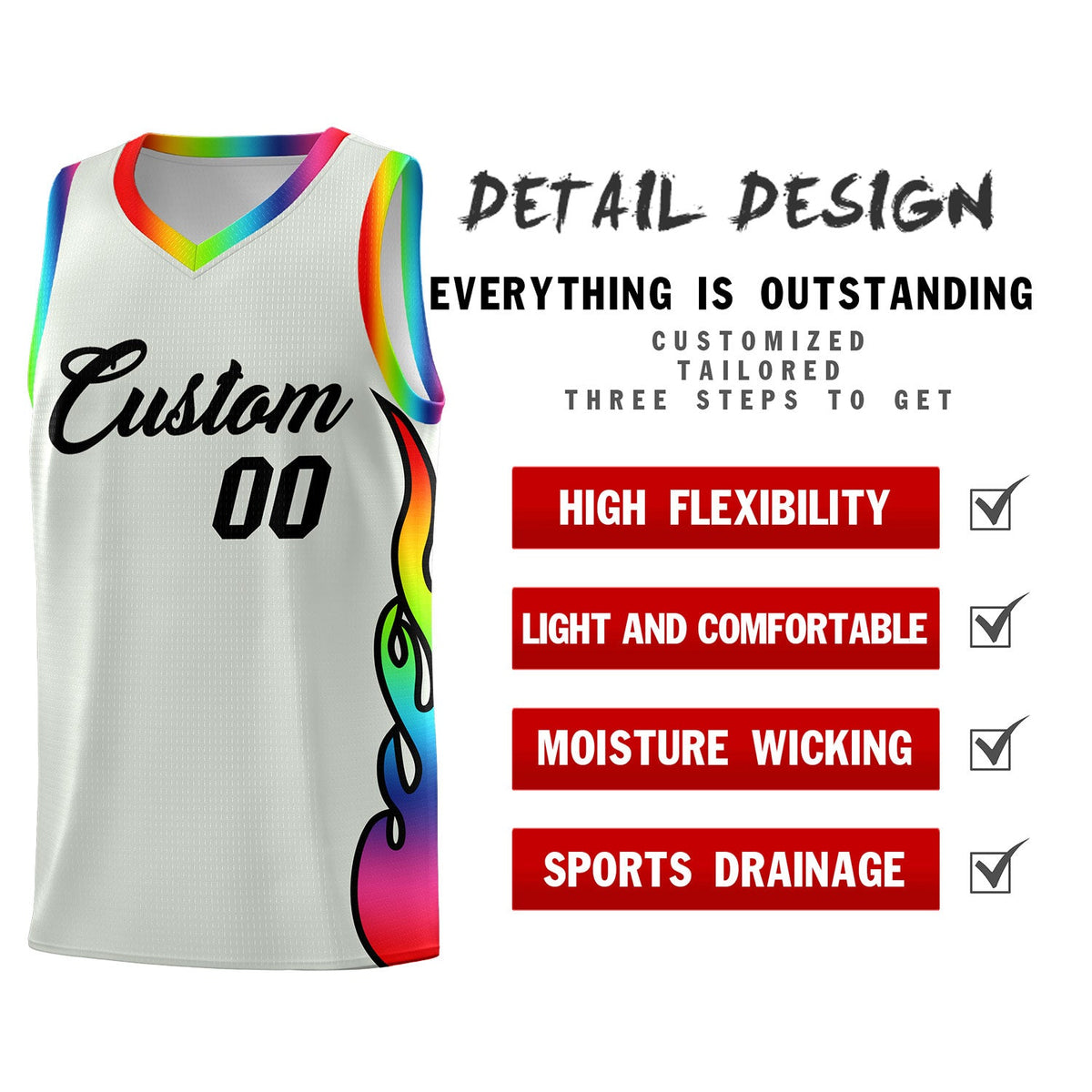 Custom Gray Side Flame Pattern Fashion Sports Uniform Basketball Jersey