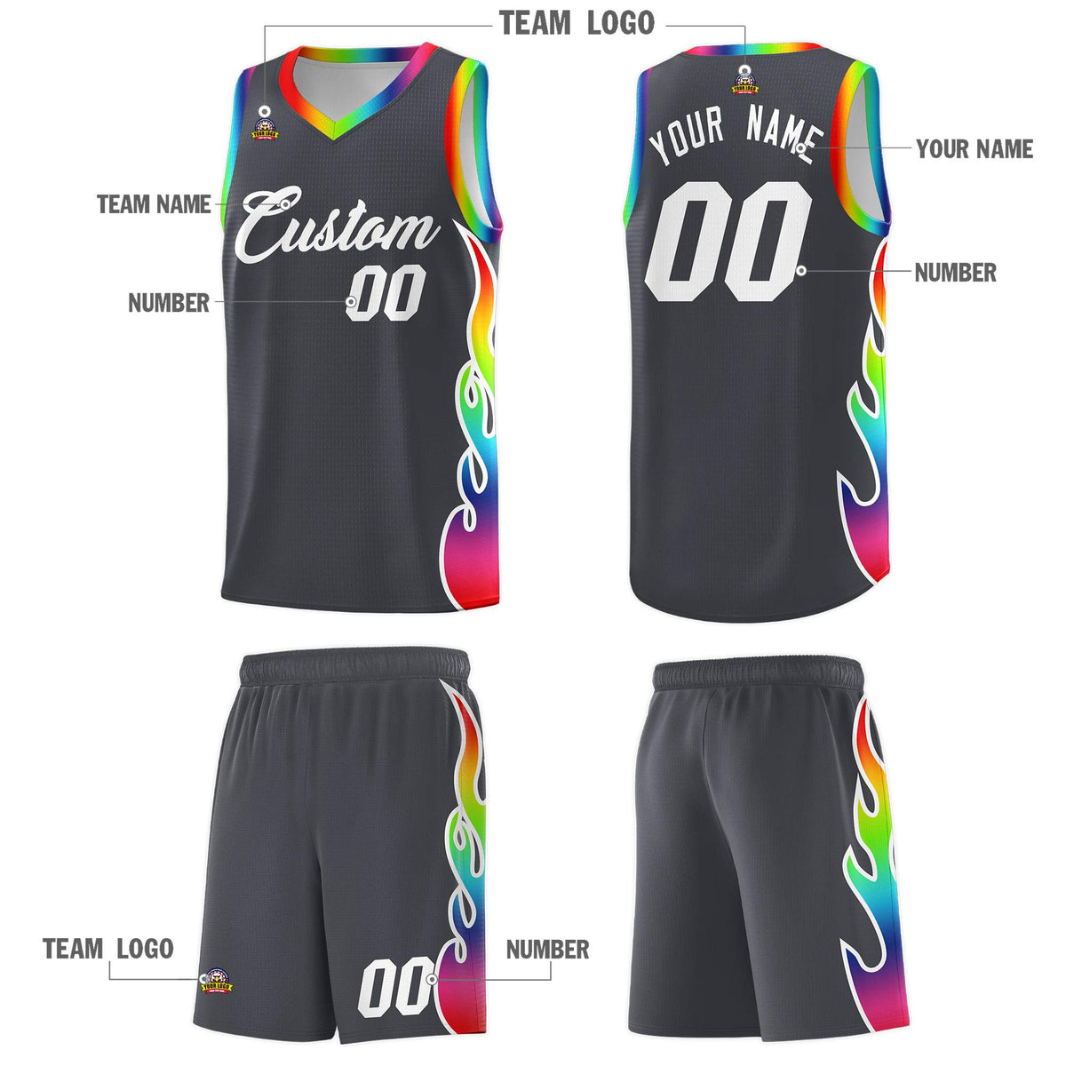 Custom Dark Gray Side Flame Pattern Fashion Sports Uniform Basketball Jersey