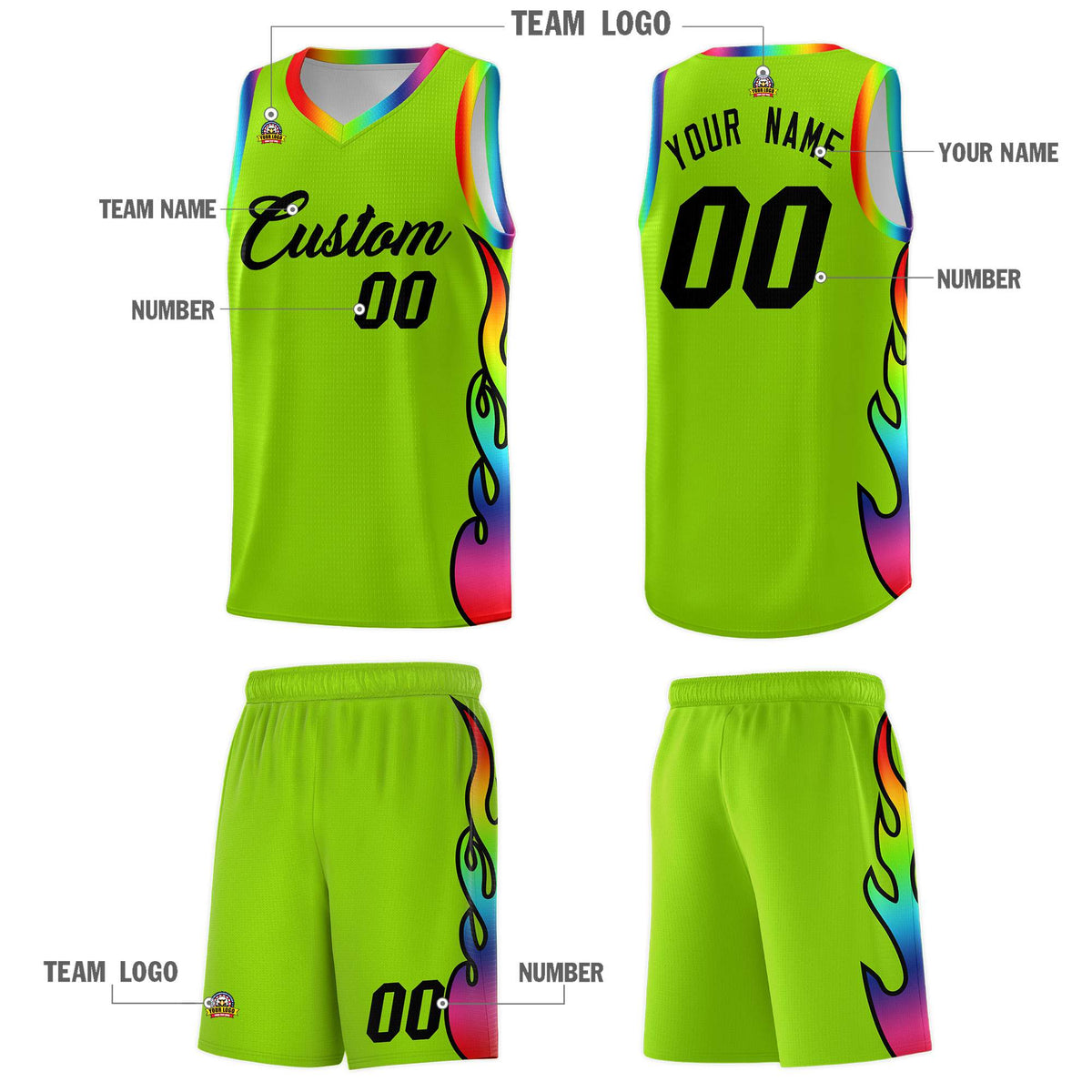 Custom Neon Green Side Flame Pattern Fashion Sports Uniform Basketball Jersey