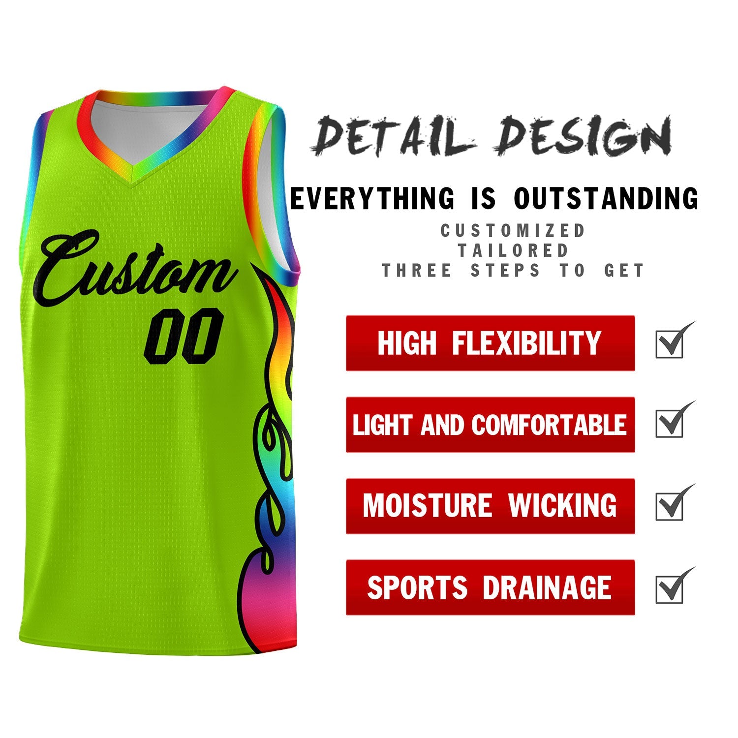 Custom Neon Green Side Flame Pattern Fashion Sports Uniform Basketball Jersey