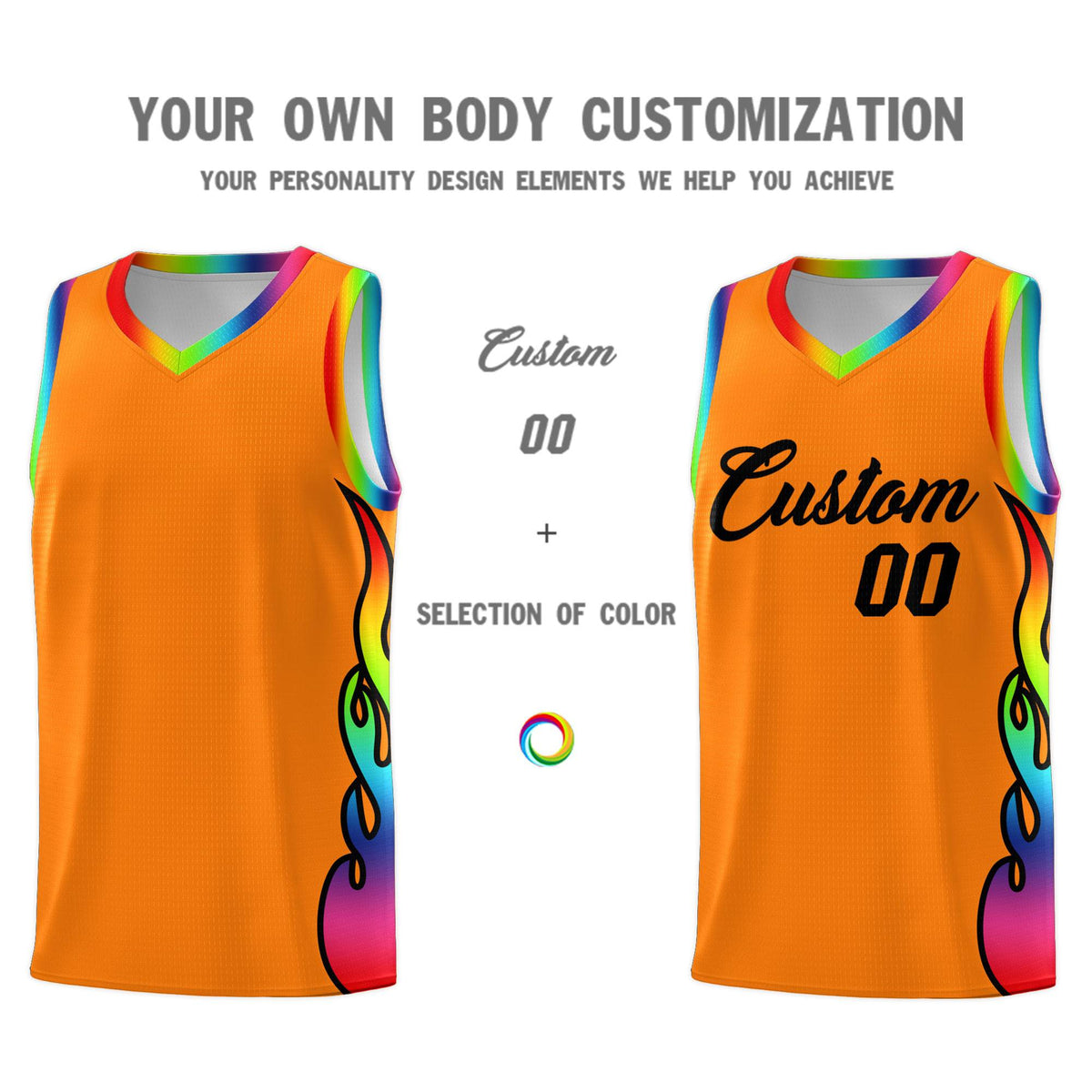 Custom Orange Side Flame Pattern Fashion Sports Uniform Basketball Jersey