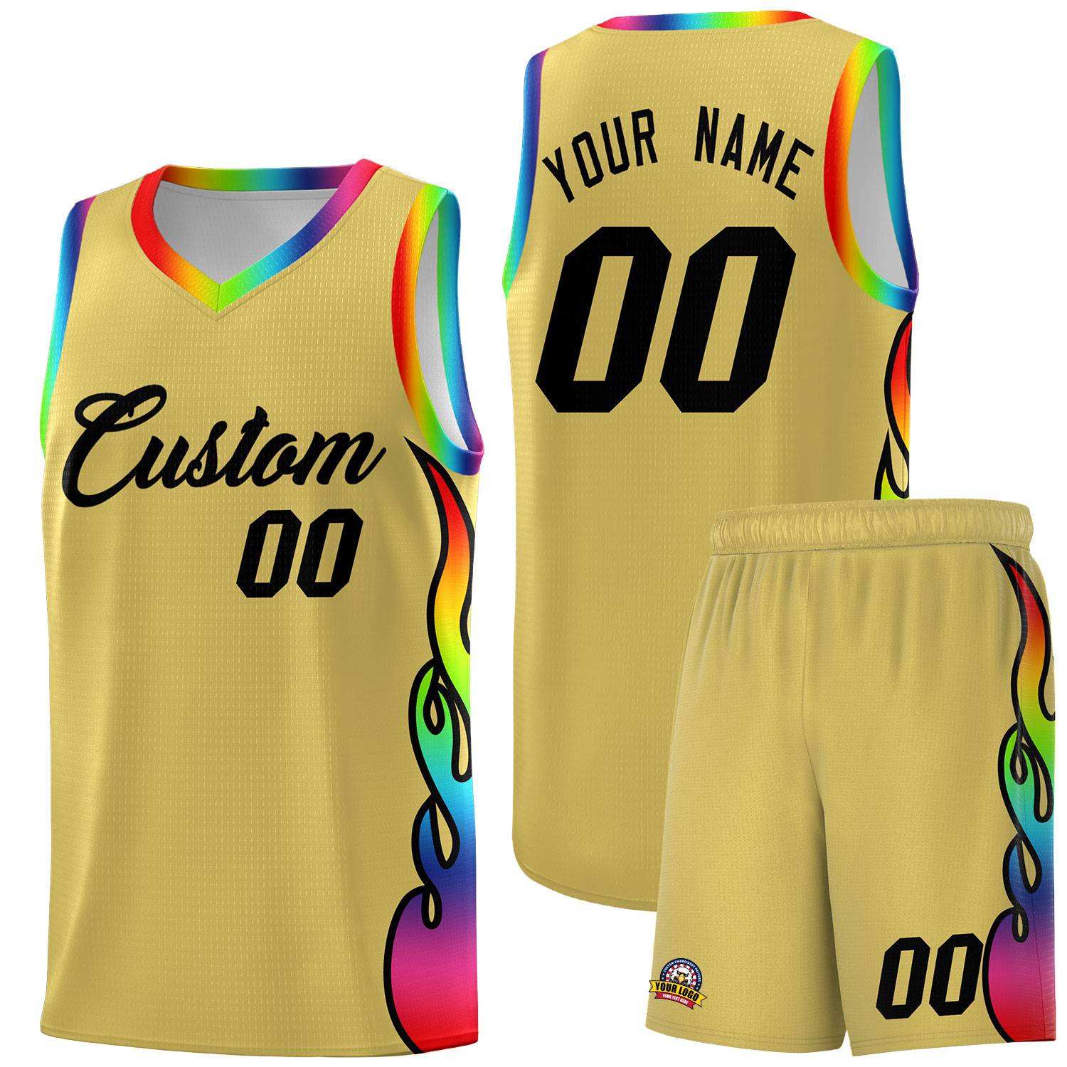 Custom Old Gold Side Flame Pattern Fashion Sports Uniform Basketball Jersey