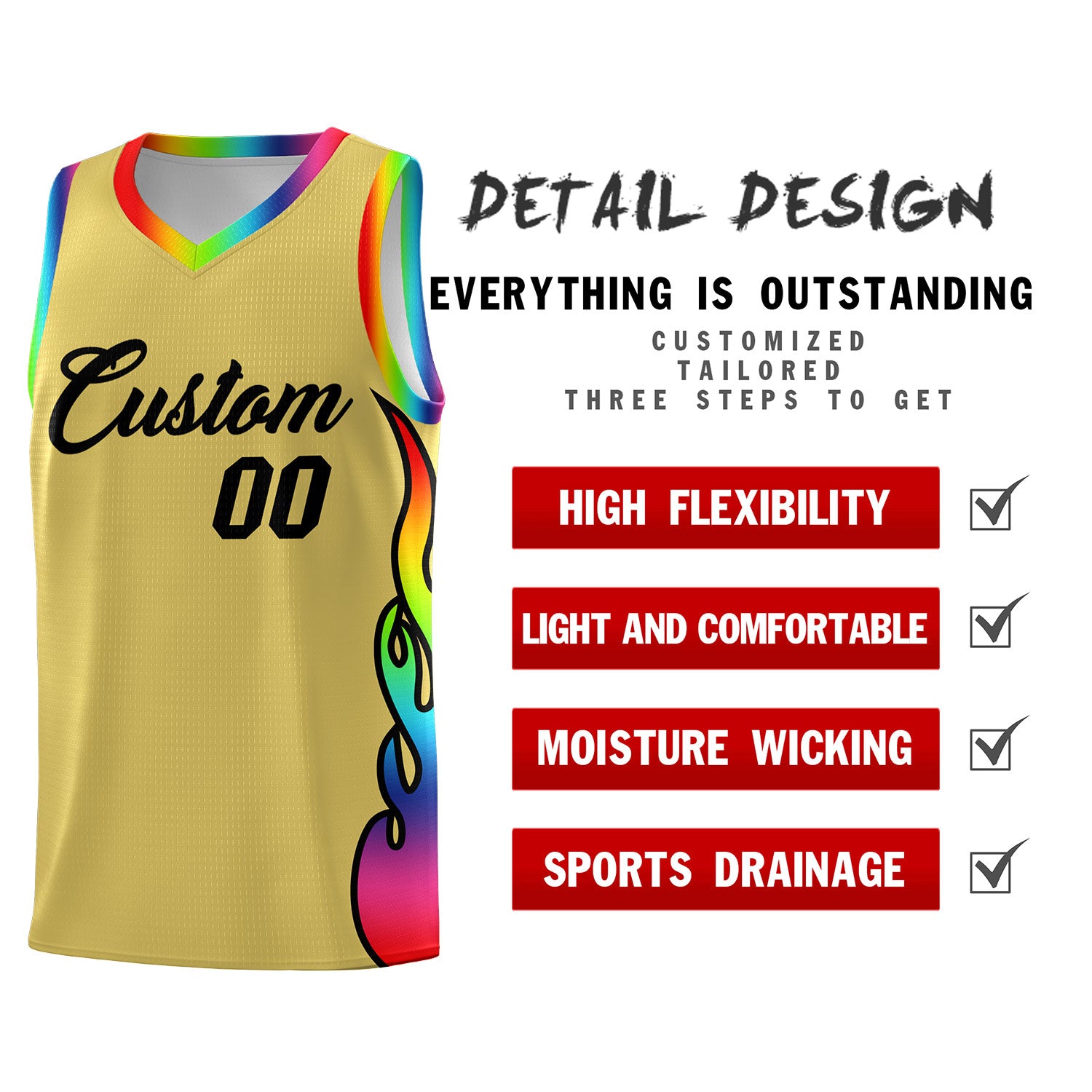 Custom Old Gold Side Flame Pattern Fashion Sports Uniform Basketball Jersey
