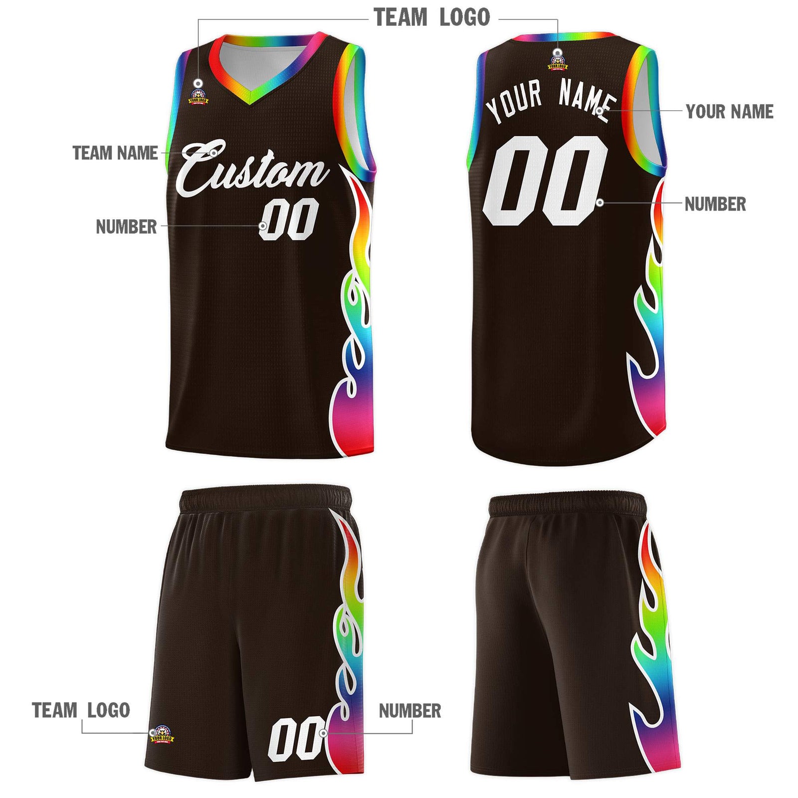 Custom Brown Side Flame Pattern Fashion Sports Uniform Basketball Jersey