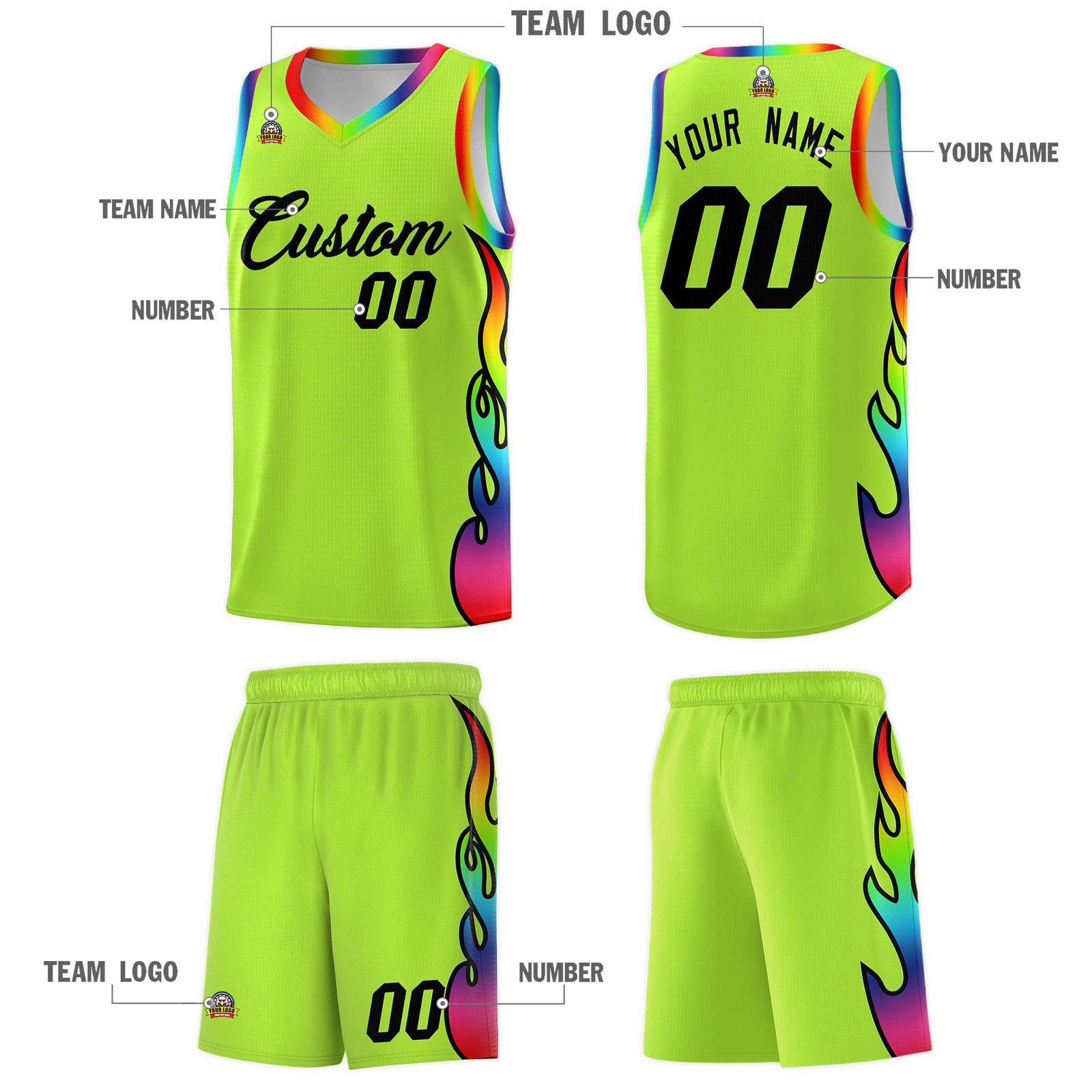 Custom Neon Green Side Flame Pattern Fashion Sports Uniform Basketball Jersey