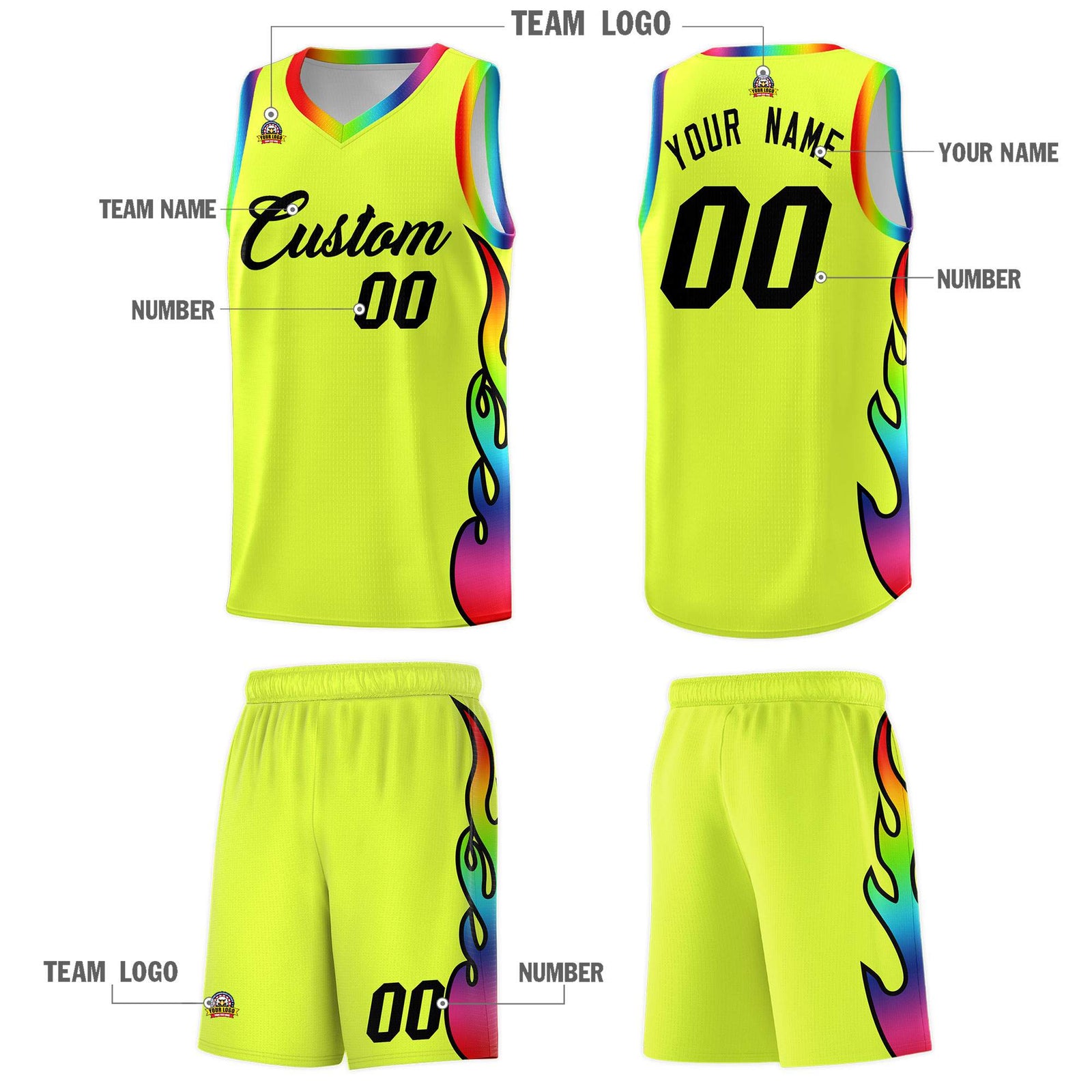 Custom Fluorescent Green Side Flame Pattern Fashion Sports Uniform Basketball Jersey