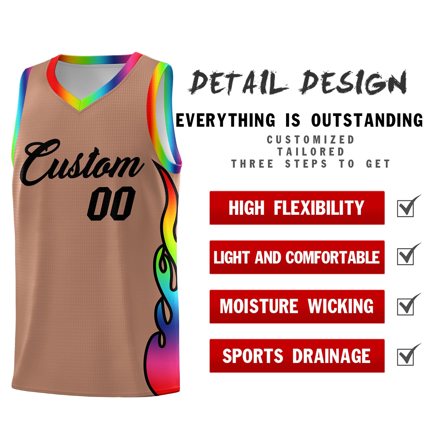 Custom Light Brown Side Flame Pattern Fashion Sports Uniform Basketball Jersey
