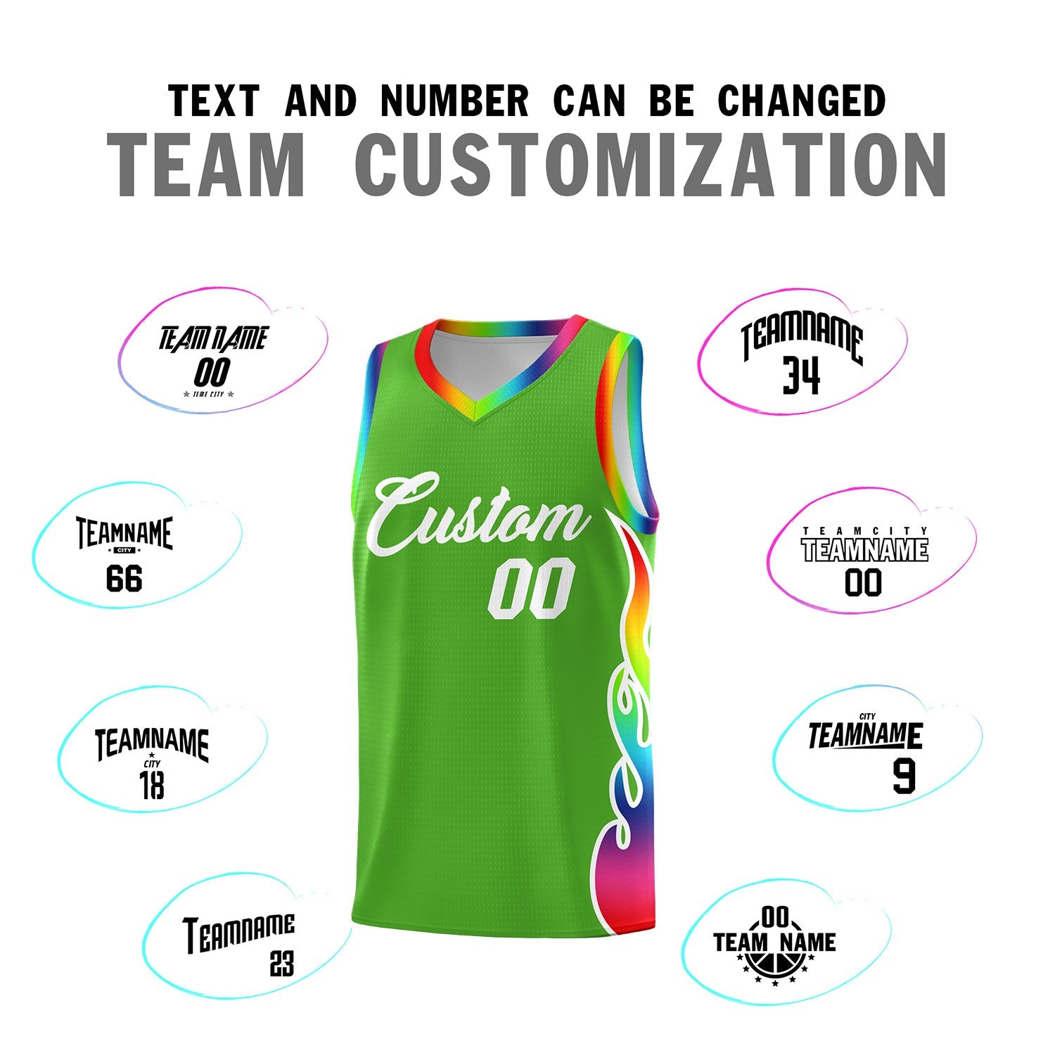 Custom Neon Green Side Flame Pattern Fashion Sports Uniform Basketball Jersey