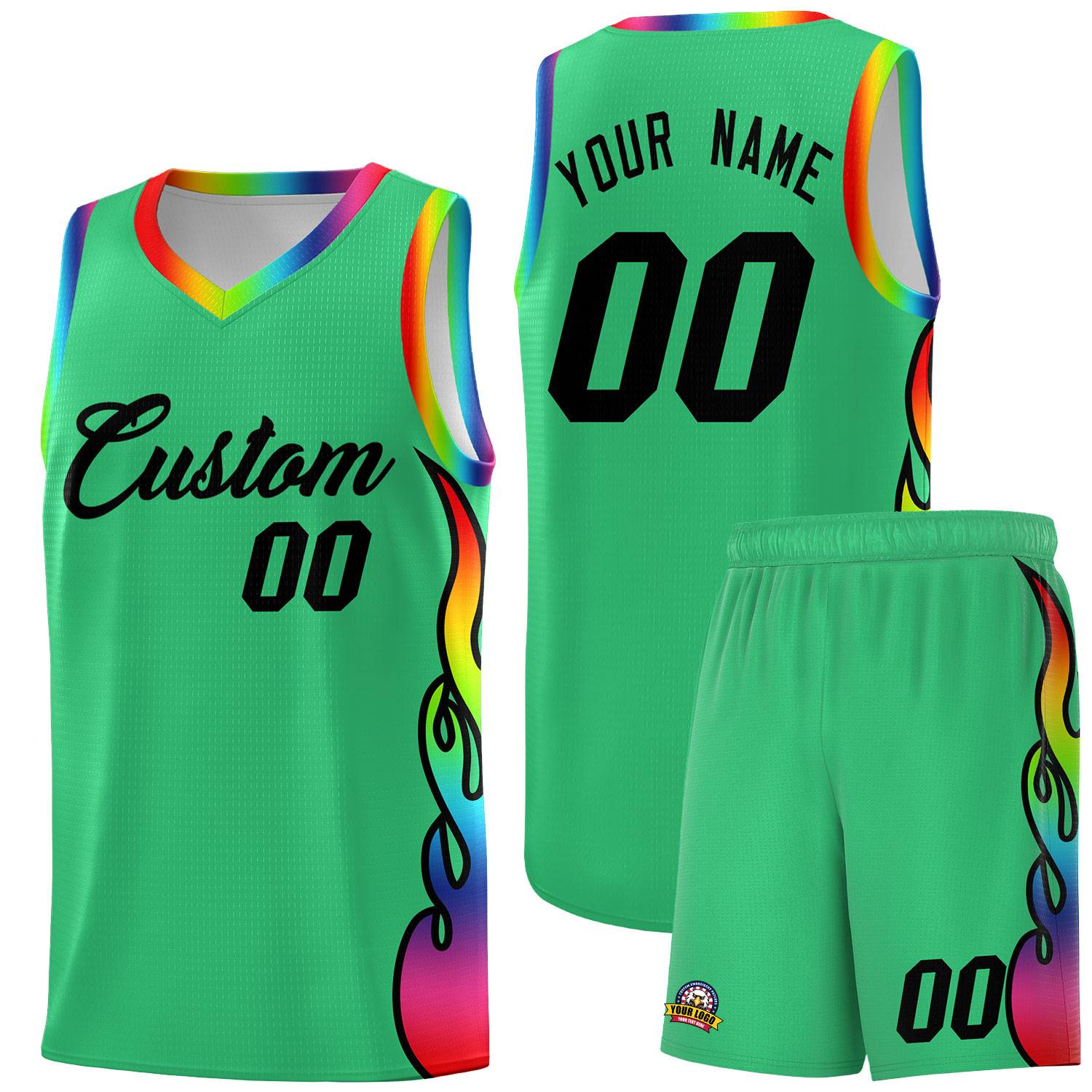 Custom Kelly Green Side Flame Pattern Fashion Sports Uniform Basketball Jersey