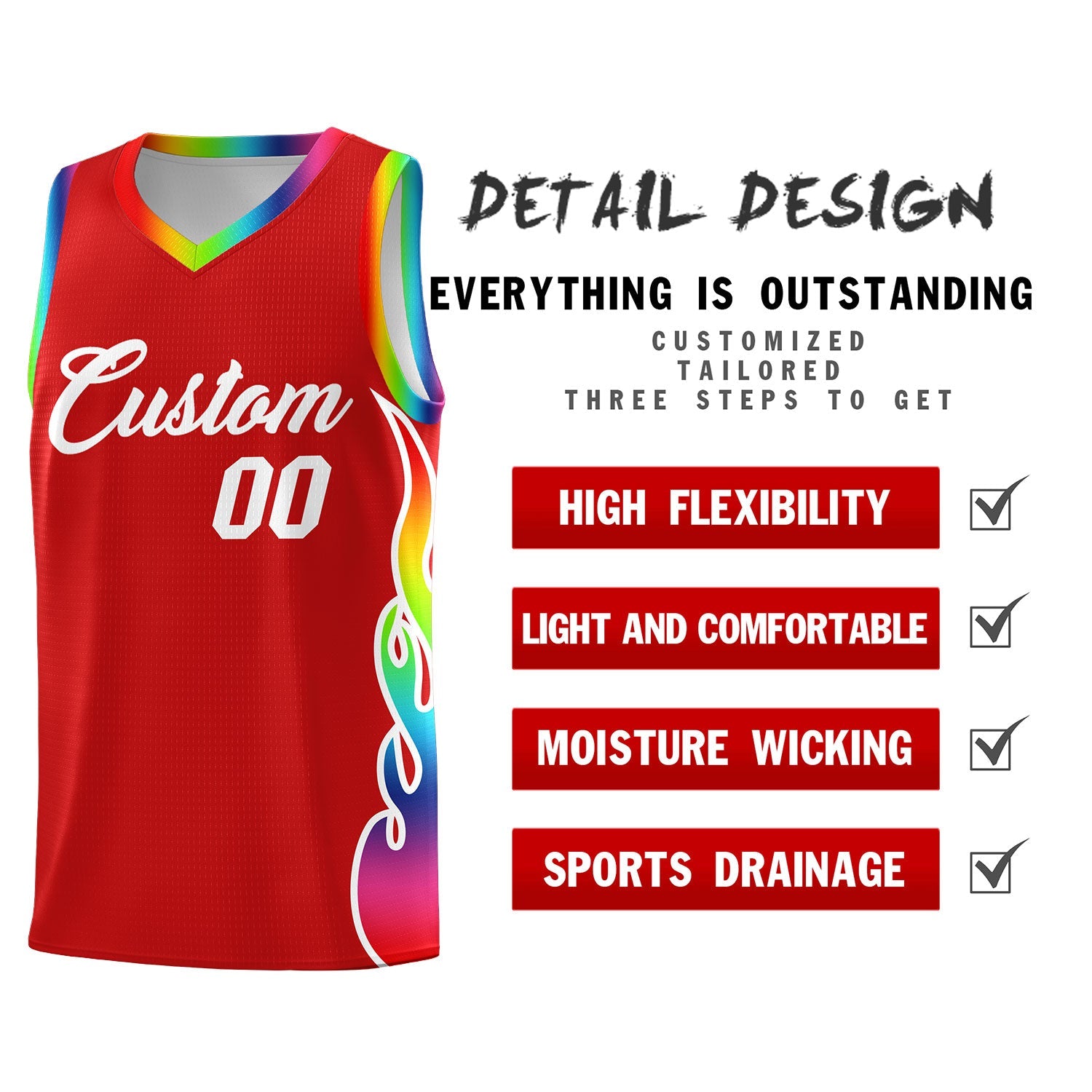 Custom Red Side Flame Pattern Fashion Sports Uniform Basketball Jersey