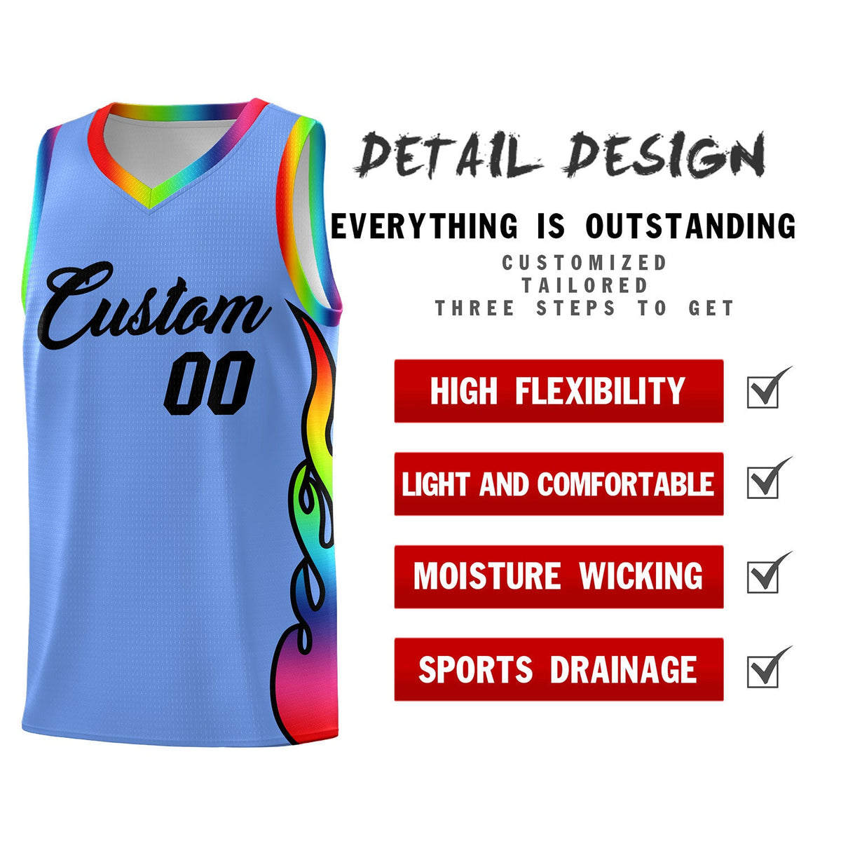 Custom Light Blue Side Flame Pattern Fashion Sports Uniform Basketball Jersey