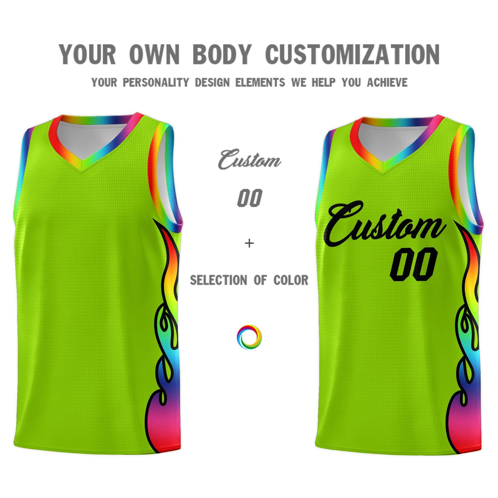 Custom Neon Green Side Flame Pattern Fashion Sports Uniform Basketball Jersey