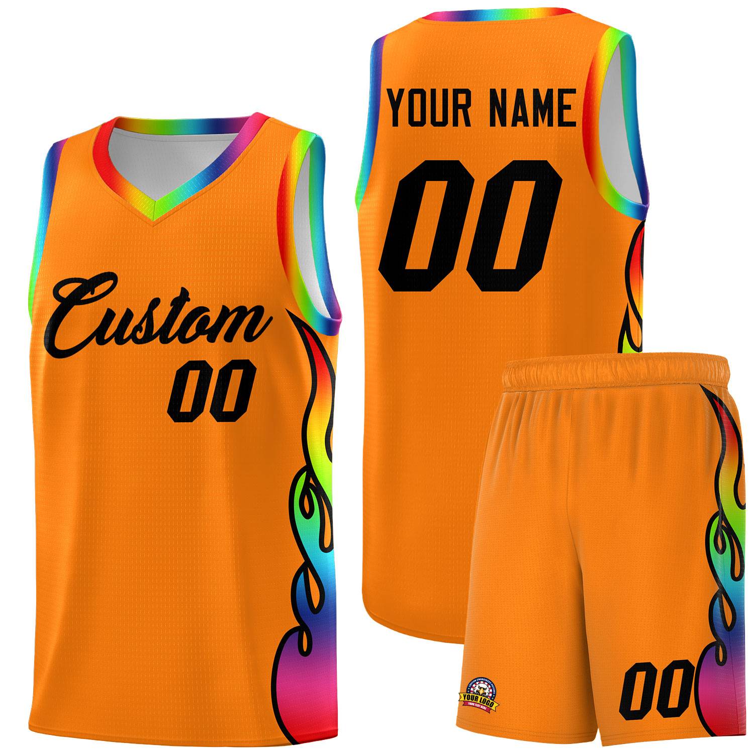 Custom Orange Side Flame Pattern Fashion Sports Uniform Basketball Jersey