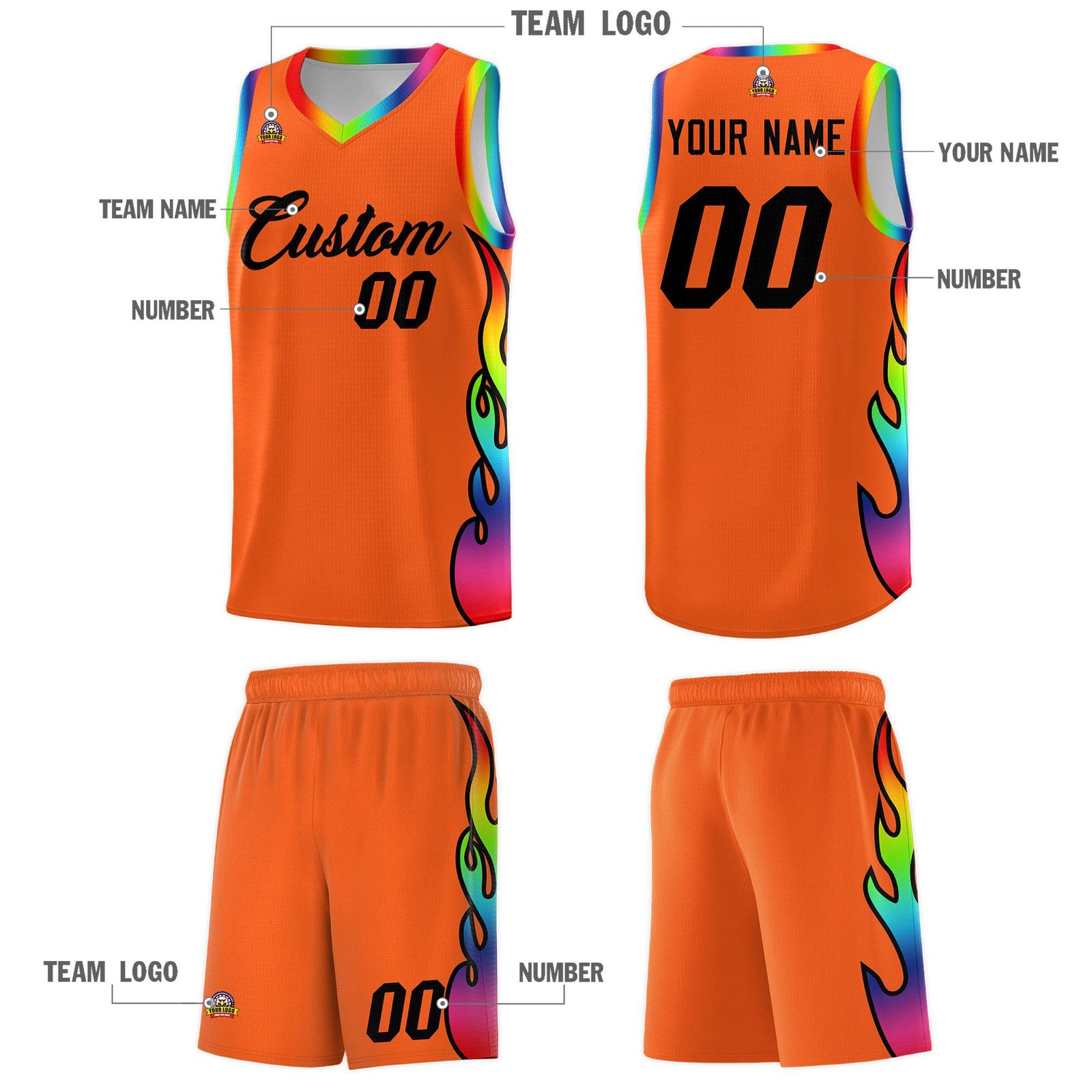Custom Texas Orange Side Flame Pattern Fashion Sports Uniform Basketball Jersey