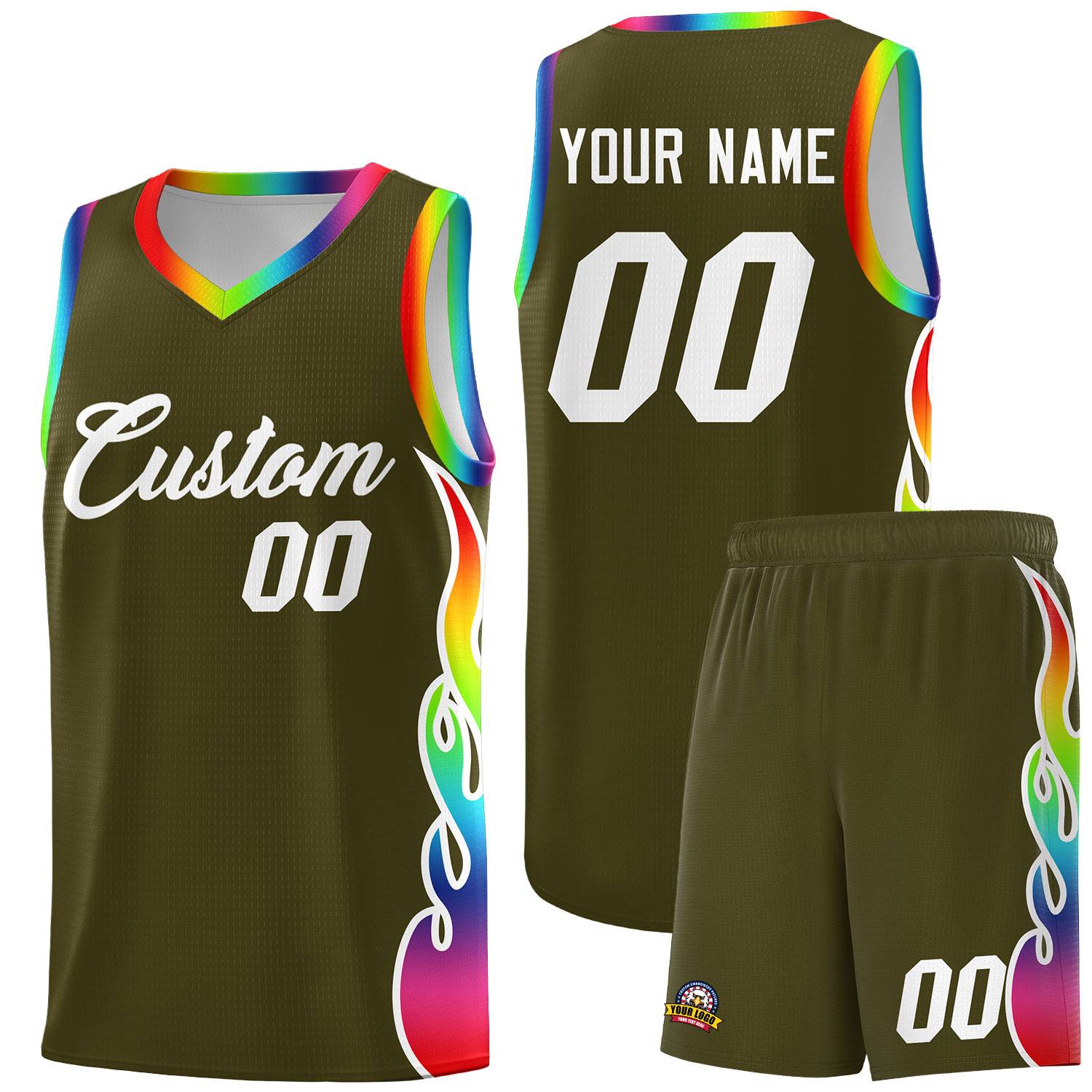 Custom Olive Side Flame Pattern Fashion Sports Uniform Basketball Jersey