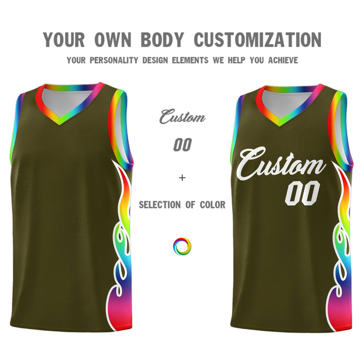 Custom Olive Side Flame Pattern Fashion Sports Uniform Basketball Jersey