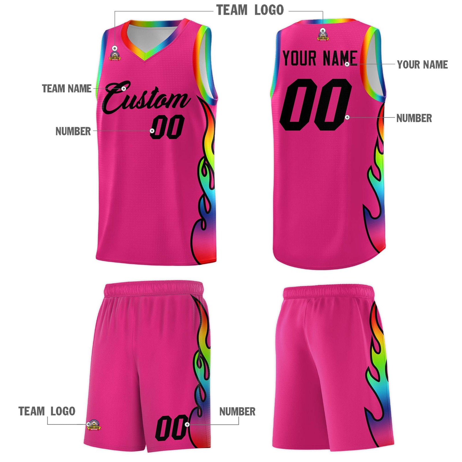 Custom Rose Red Side Flame Pattern Fashion Sports Uniform Basketball Jersey