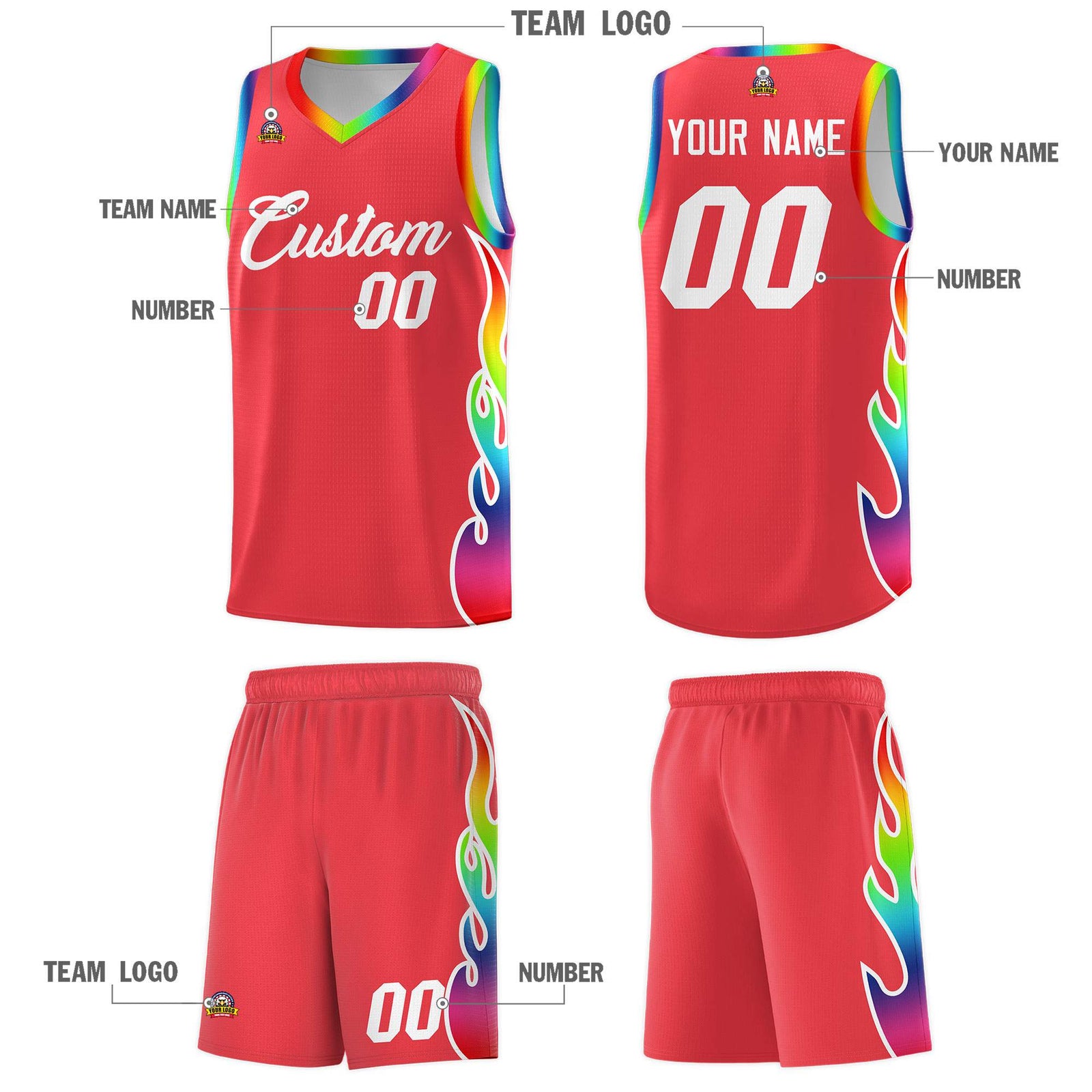 Custom Light Red Side Flame Pattern Fashion Sports Uniform Basketball Jersey