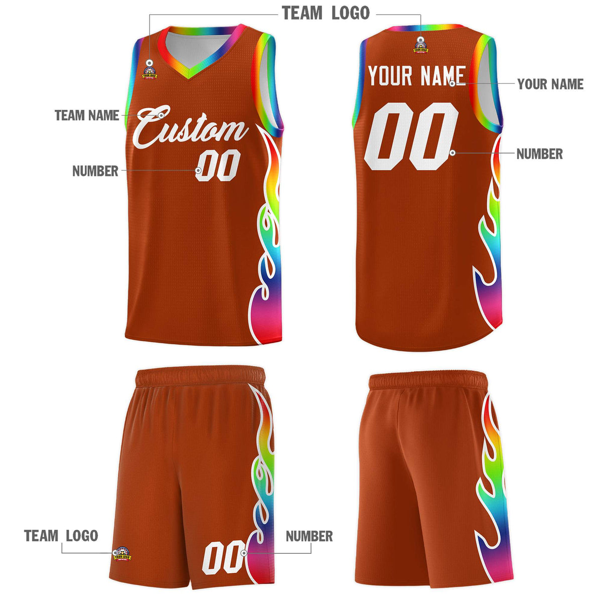 Custom Texas Orange Side Flame Pattern Fashion Sports Uniform Basketball Jersey