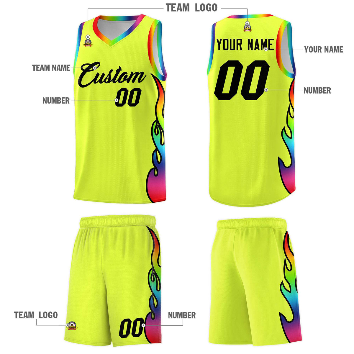 Custom Fluorescent Green Side Flame Pattern Fashion Sports Uniform Basketball Jersey