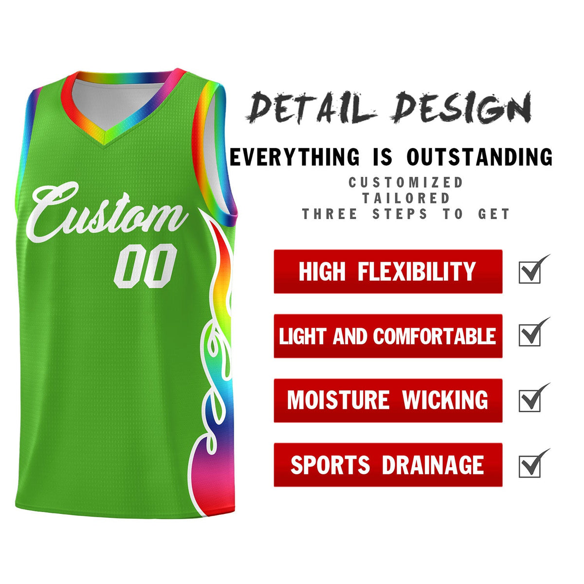 Custom Neon Green Side Flame Pattern Fashion Sports Uniform Basketball Jersey