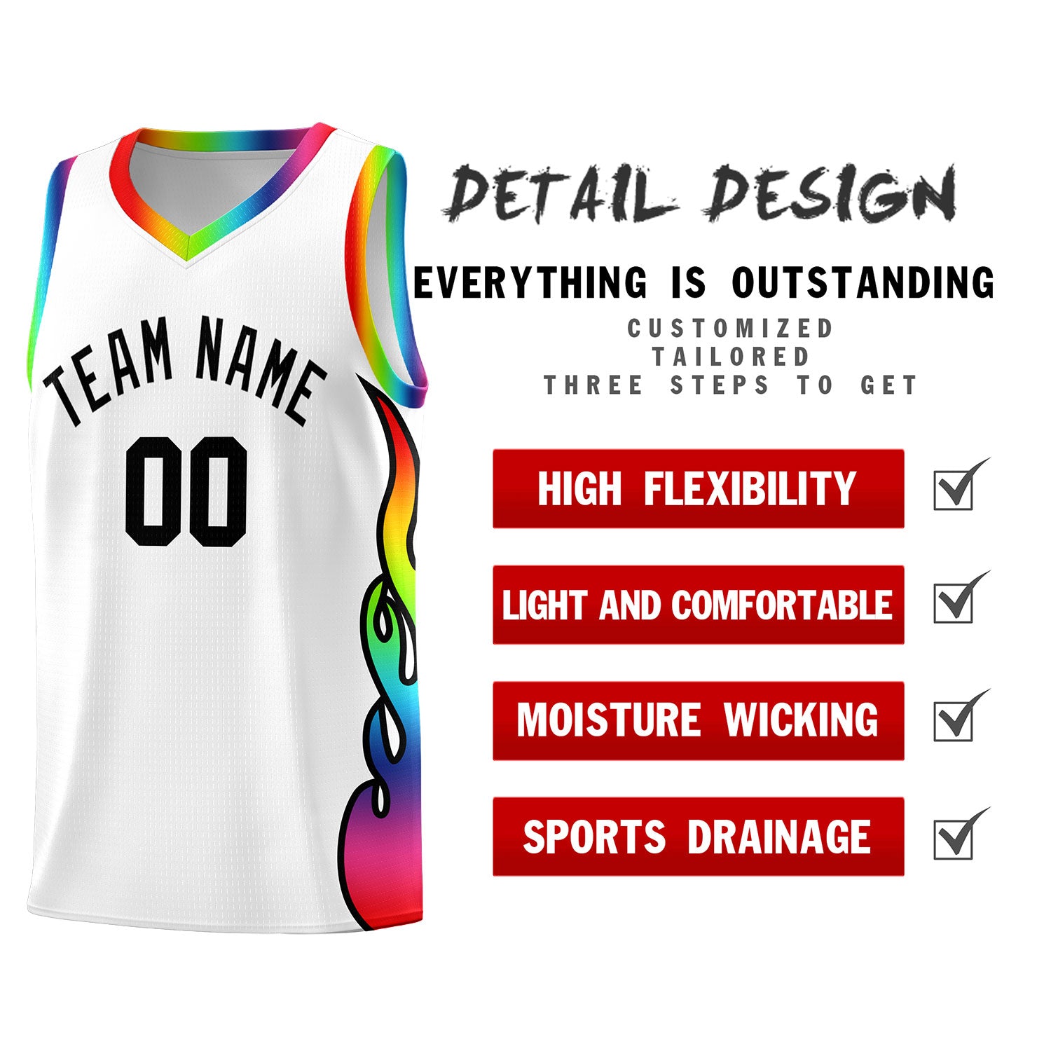 Custom White Side Flame Pattern Fashion Sports Uniform Basketball Jersey