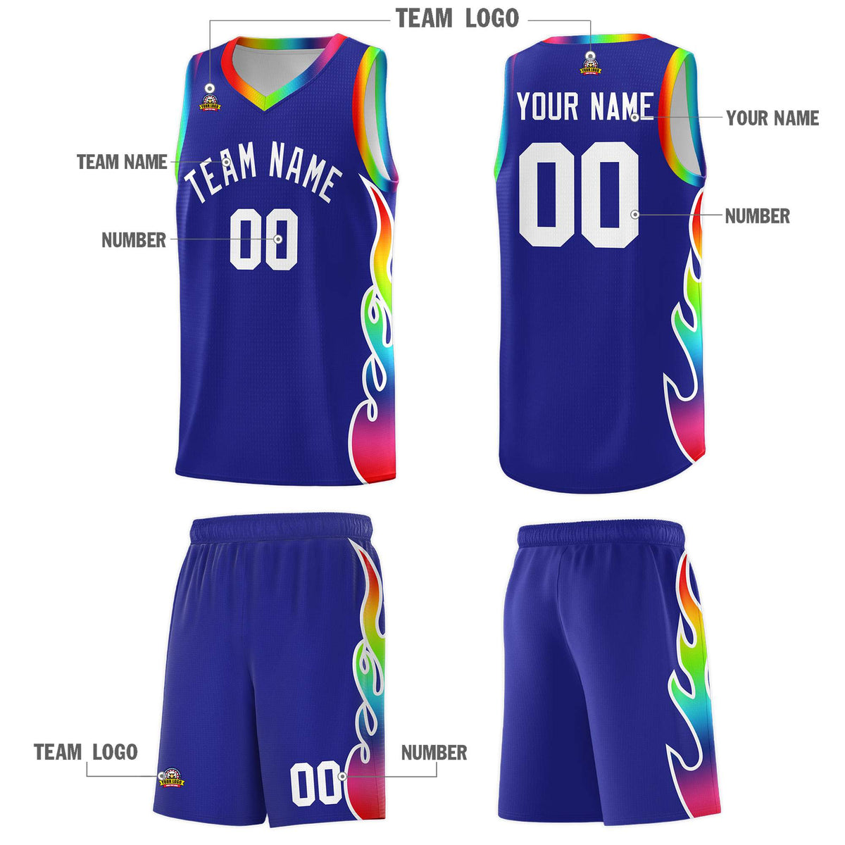 Custom Royal Side Flame Pattern Fashion Sports Uniform Basketball Jersey
