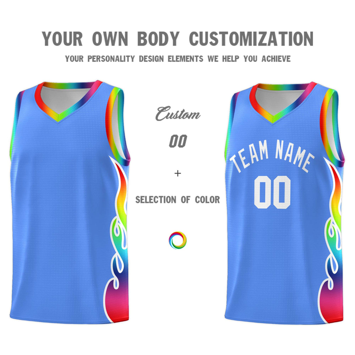 Custom Powder Blue Side Flame Pattern Fashion Sports Uniform Basketball Jersey