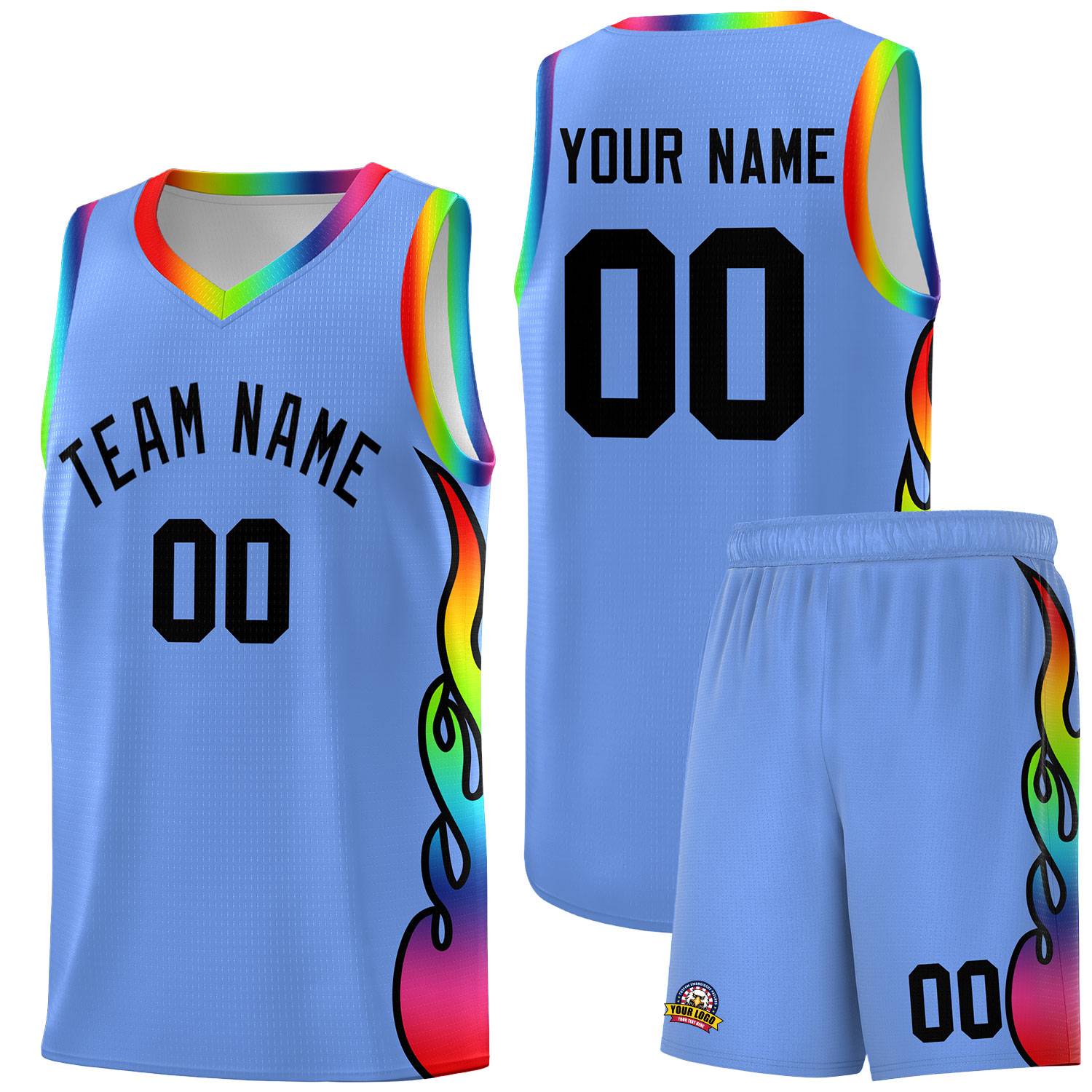 Custom Light Blue Side Flame Pattern Fashion Sports Uniform Basketball Jersey