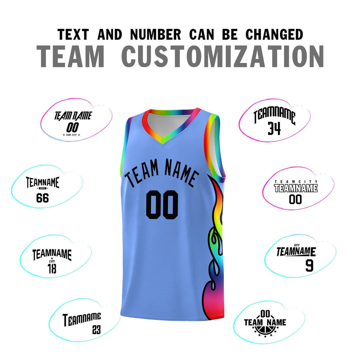 Custom Light Blue Side Flame Pattern Fashion Sports Uniform Basketball Jersey