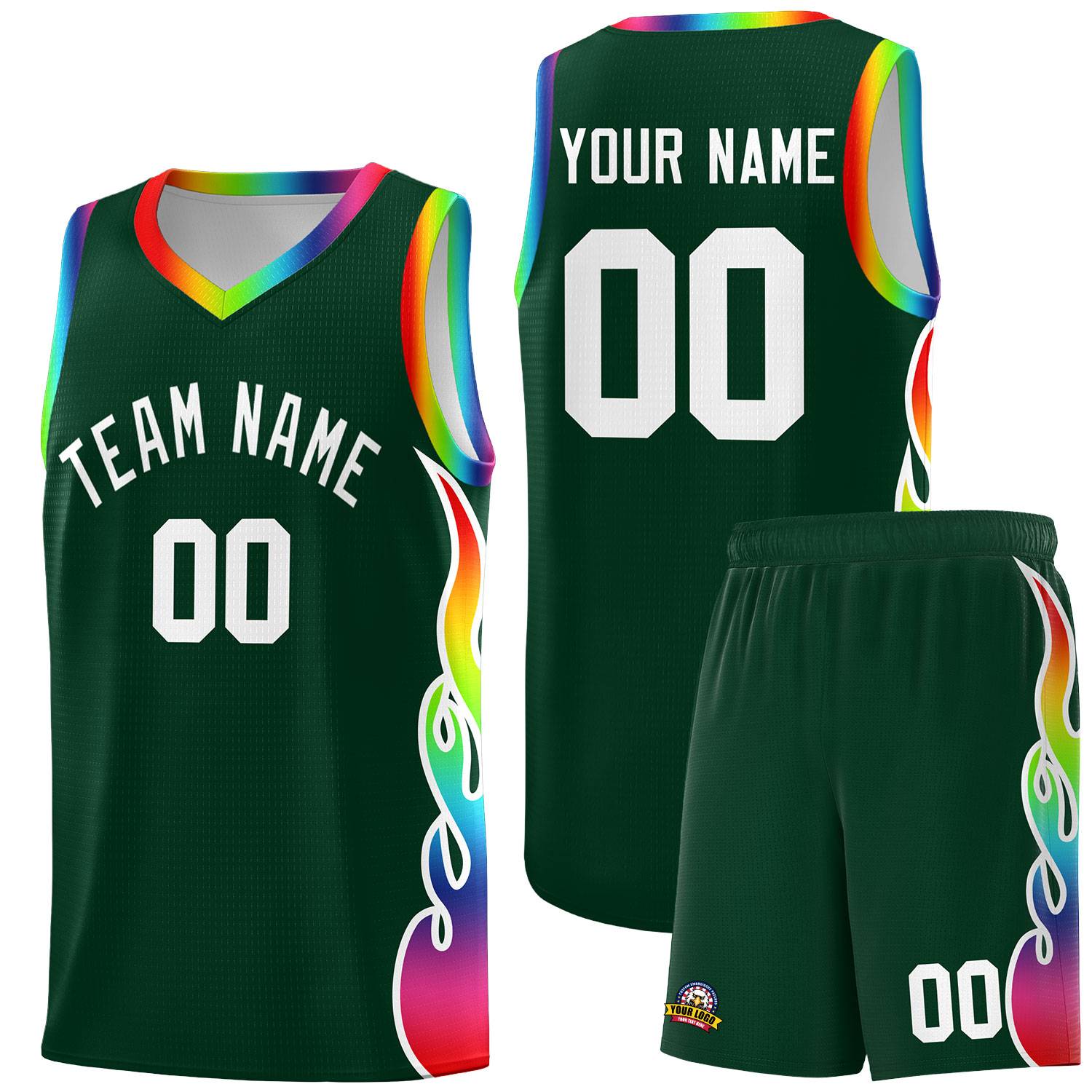 Custom Hunter Green Side Flame Pattern Fashion Sports Uniform Basketball Jersey