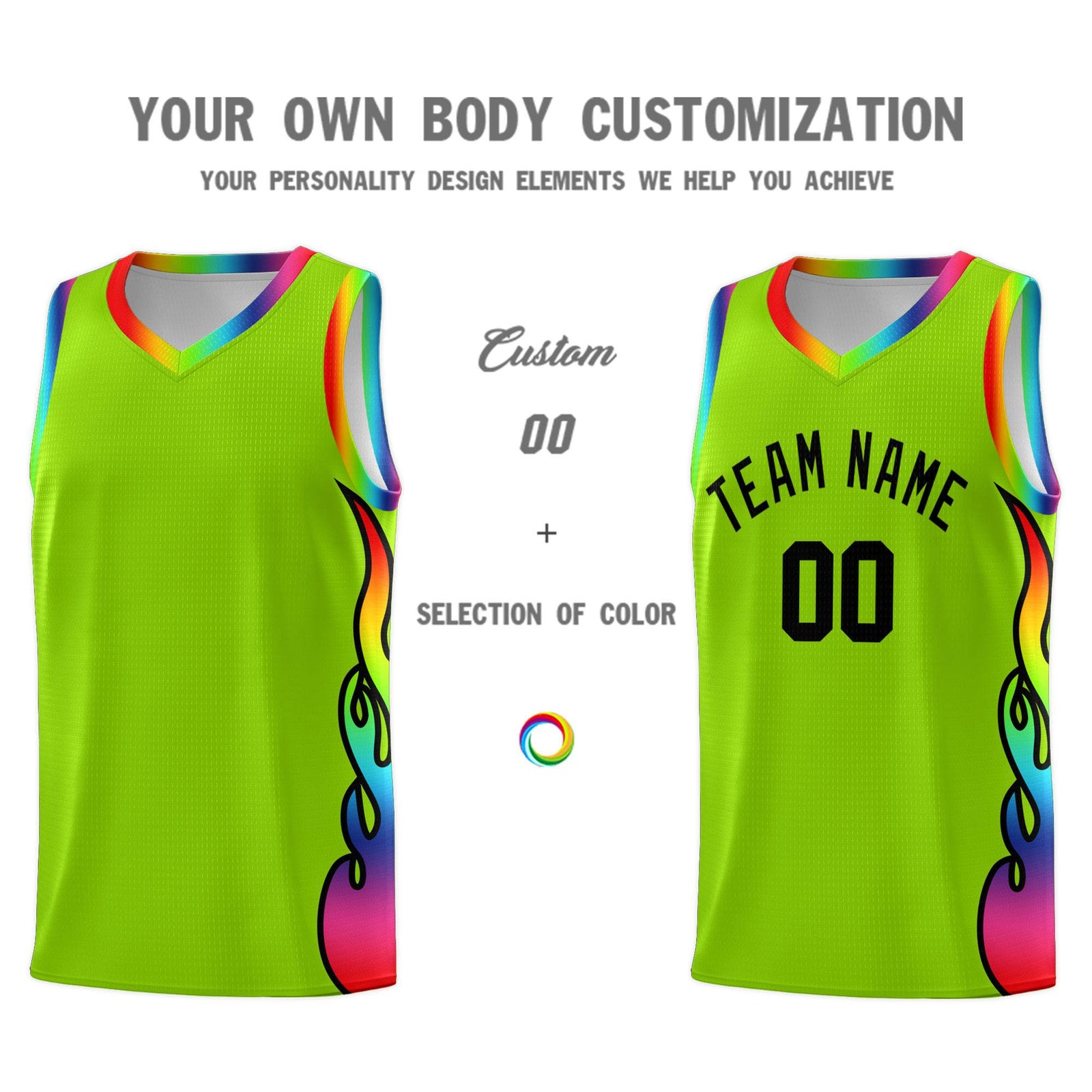 Custom Neon Green Side Flame Pattern Fashion Sports Uniform Basketball Jersey