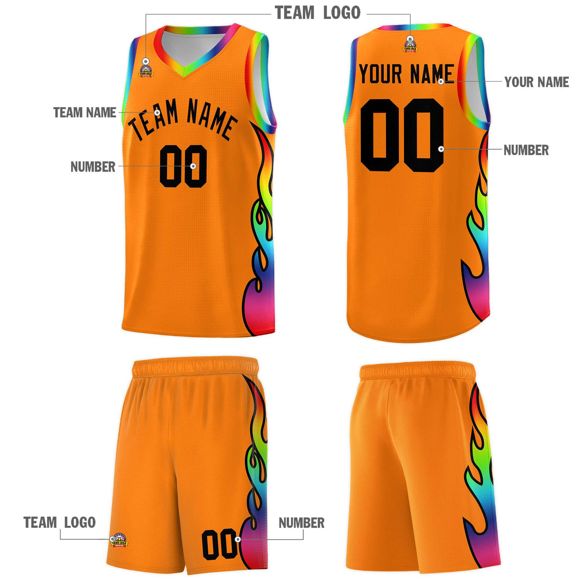 Custom Orange Side Flame Pattern Fashion Sports Uniform Basketball Jersey