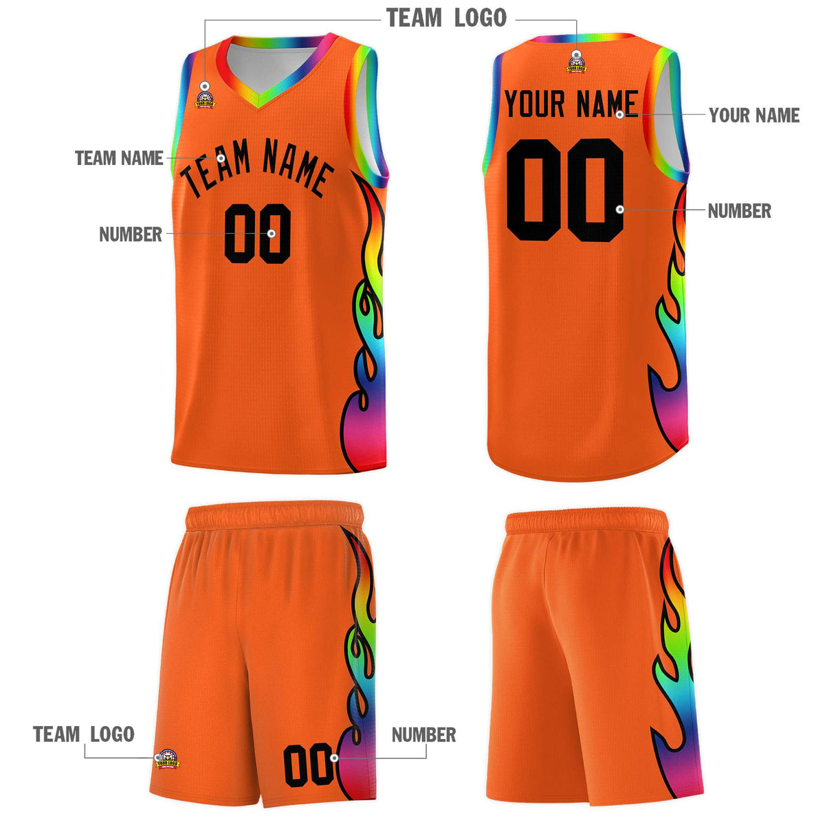 Custom Texas Orange Side Flame Pattern Fashion Sports Uniform Basketball Jersey