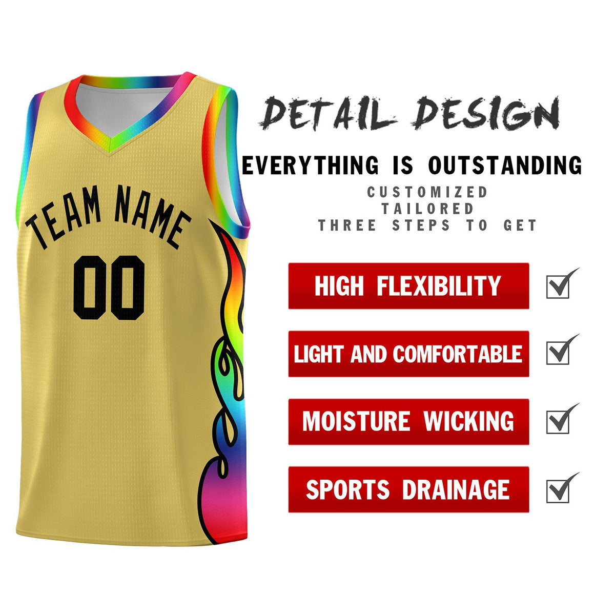 Custom Old Gold Side Flame Pattern Fashion Sports Uniform Basketball Jersey