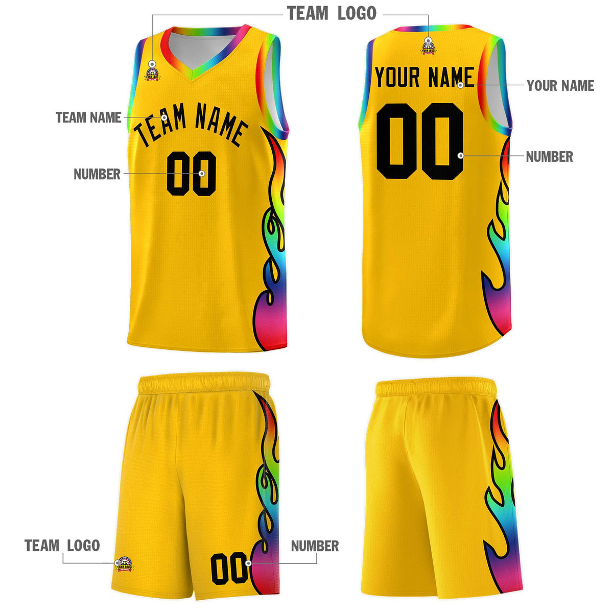 Custom Yellow Side Flame Pattern Fashion Sports Uniform Basketball Jersey