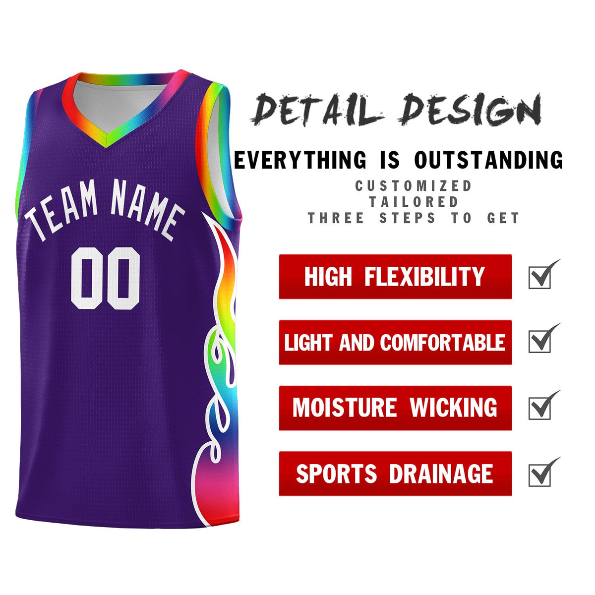 Custom Purple Side Flame Pattern Fashion Sports Uniform Basketball Jersey