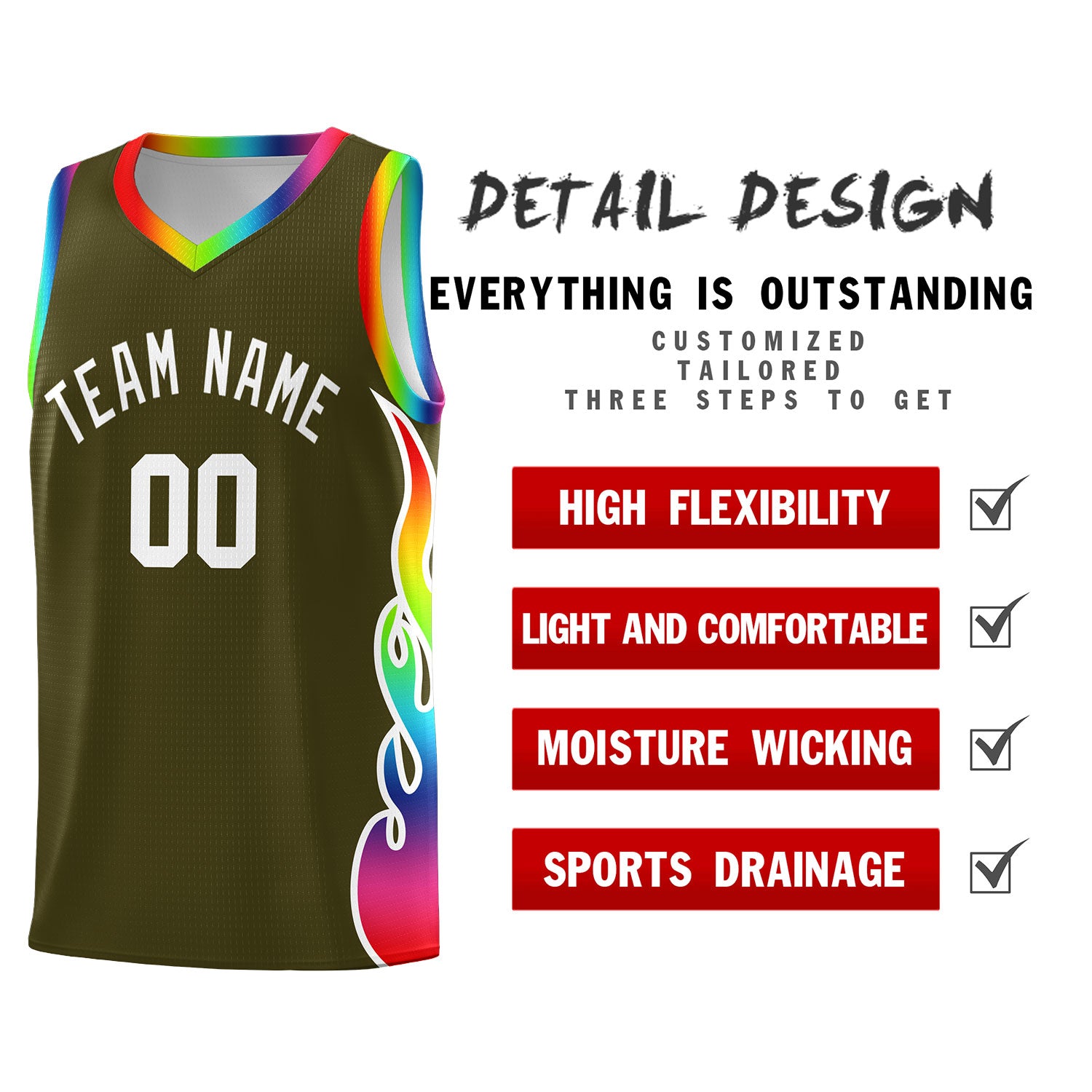 Custom Olive Side Flame Pattern Fashion Sports Uniform Basketball Jersey