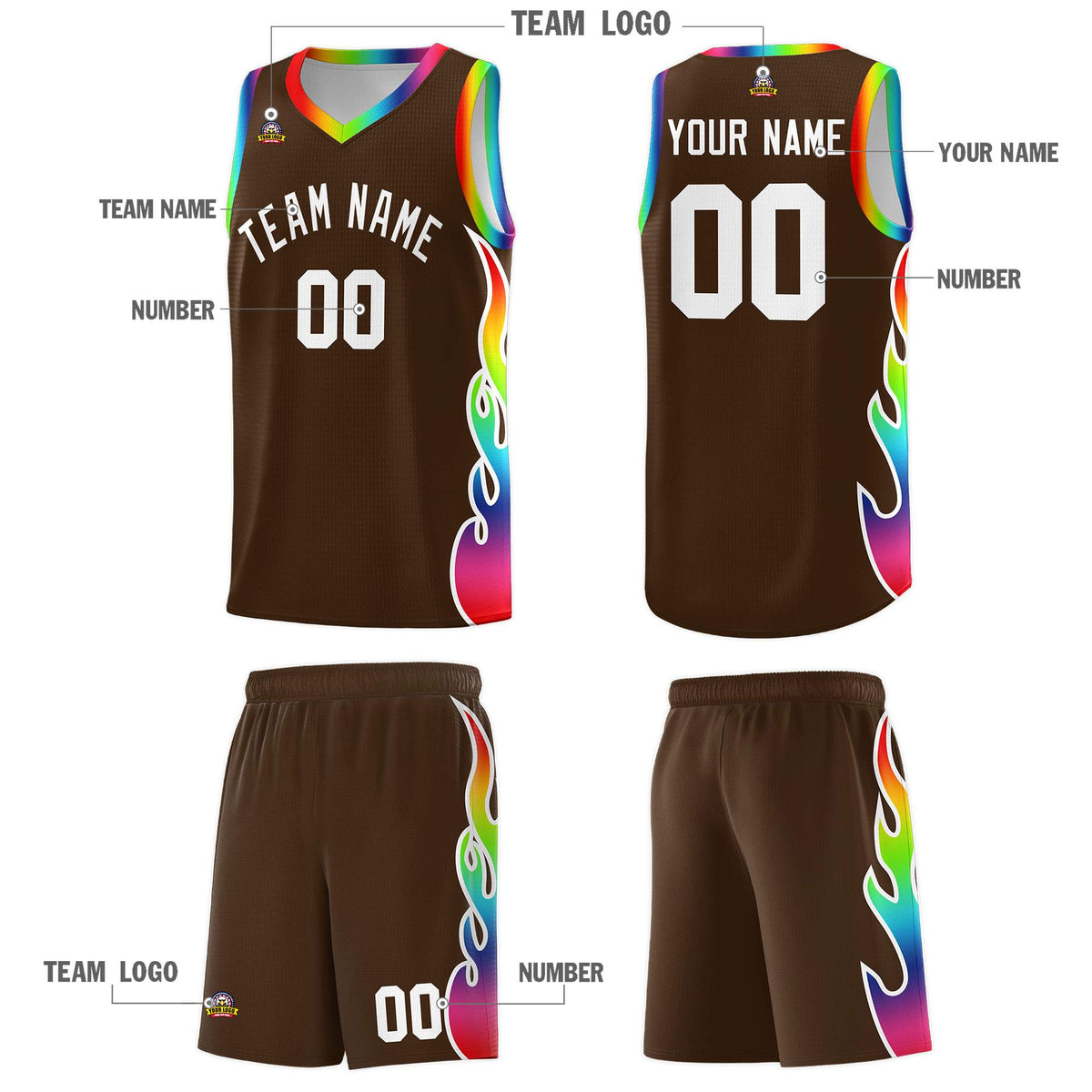 Custom Brown Side Flame Pattern Fashion Sports Uniform Basketball Jersey