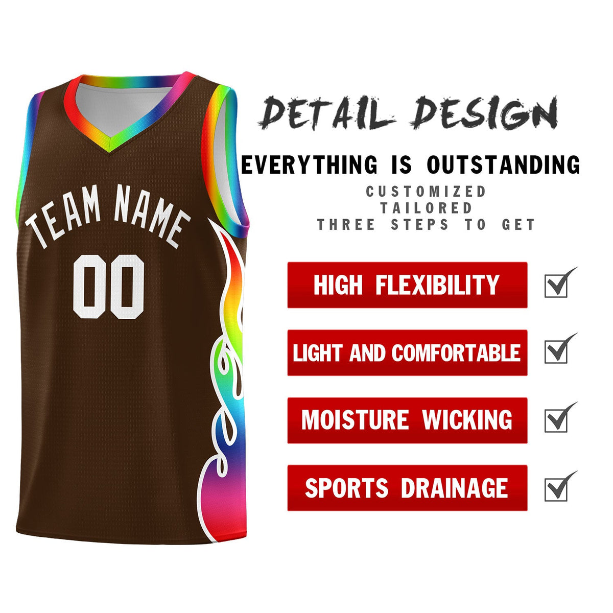 Custom Brown Side Flame Pattern Fashion Sports Uniform Basketball Jersey