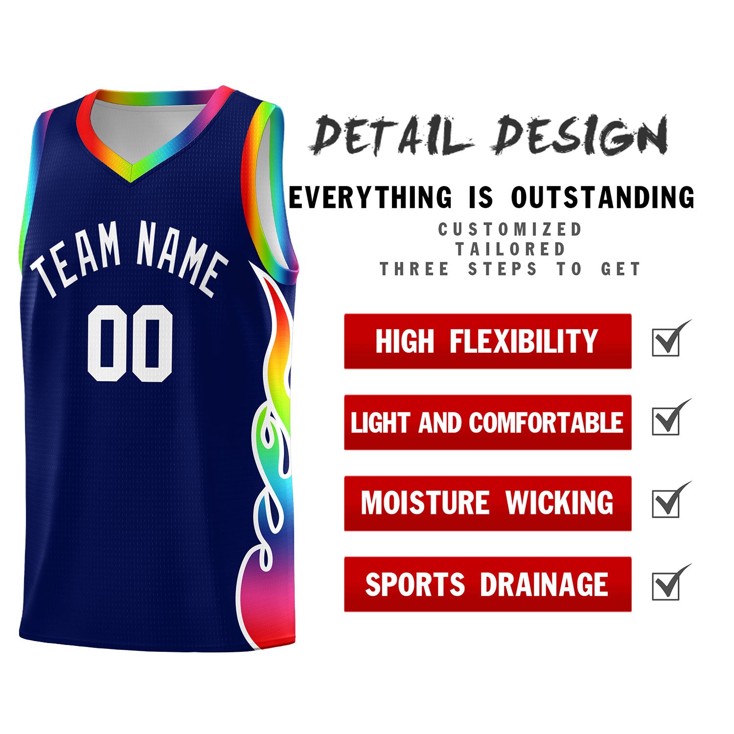 Custom Navy Side Flame Pattern Fashion Sports Uniform Basketball Jersey