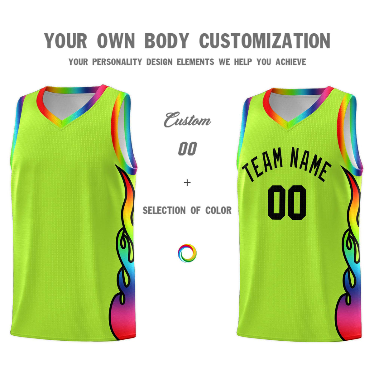 Custom Neon Green Side Flame Pattern Fashion Sports Uniform Basketball Jersey
