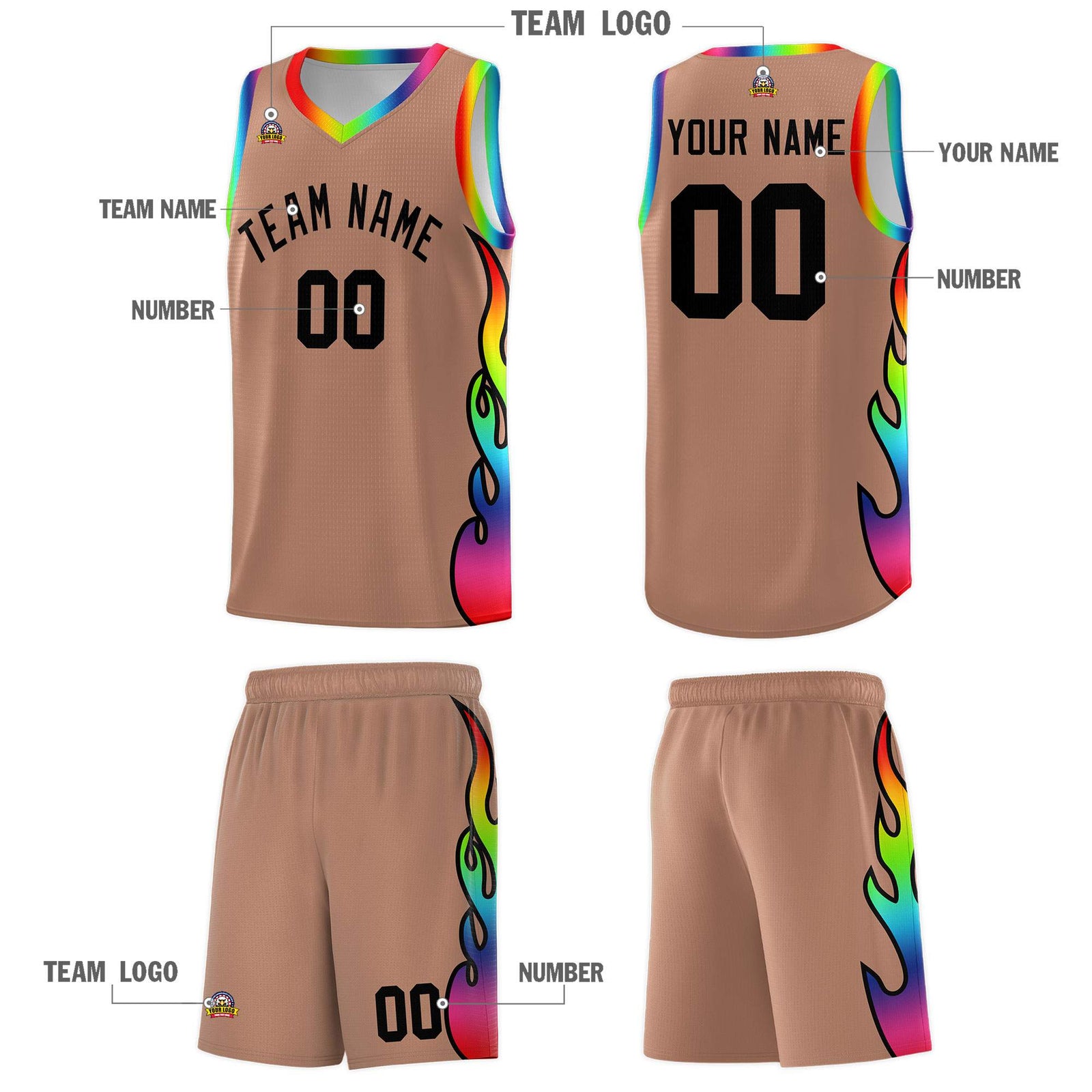 Custom Light Brown Side Flame Pattern Fashion Sports Uniform Basketball Jersey