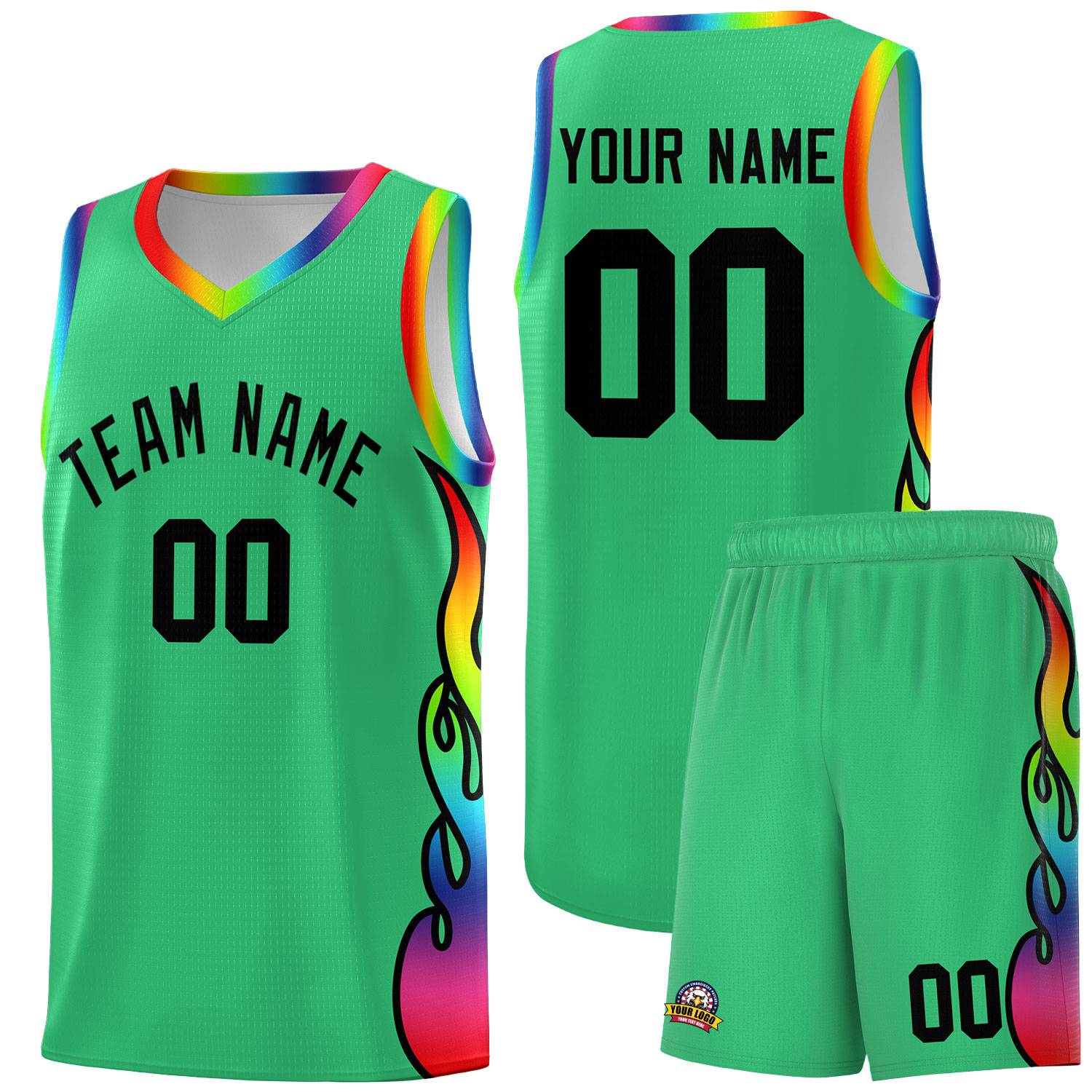 Custom Kelly Green Side Flame Pattern Fashion Sports Uniform Basketball Jersey