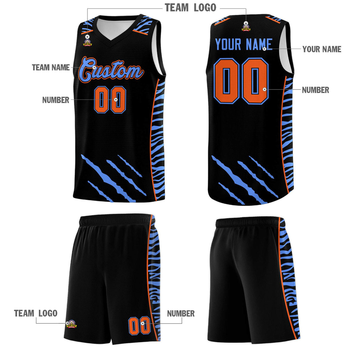 Custom Black Personalized Tiger Claw Pattern Sports Uniform Basketball Jersey