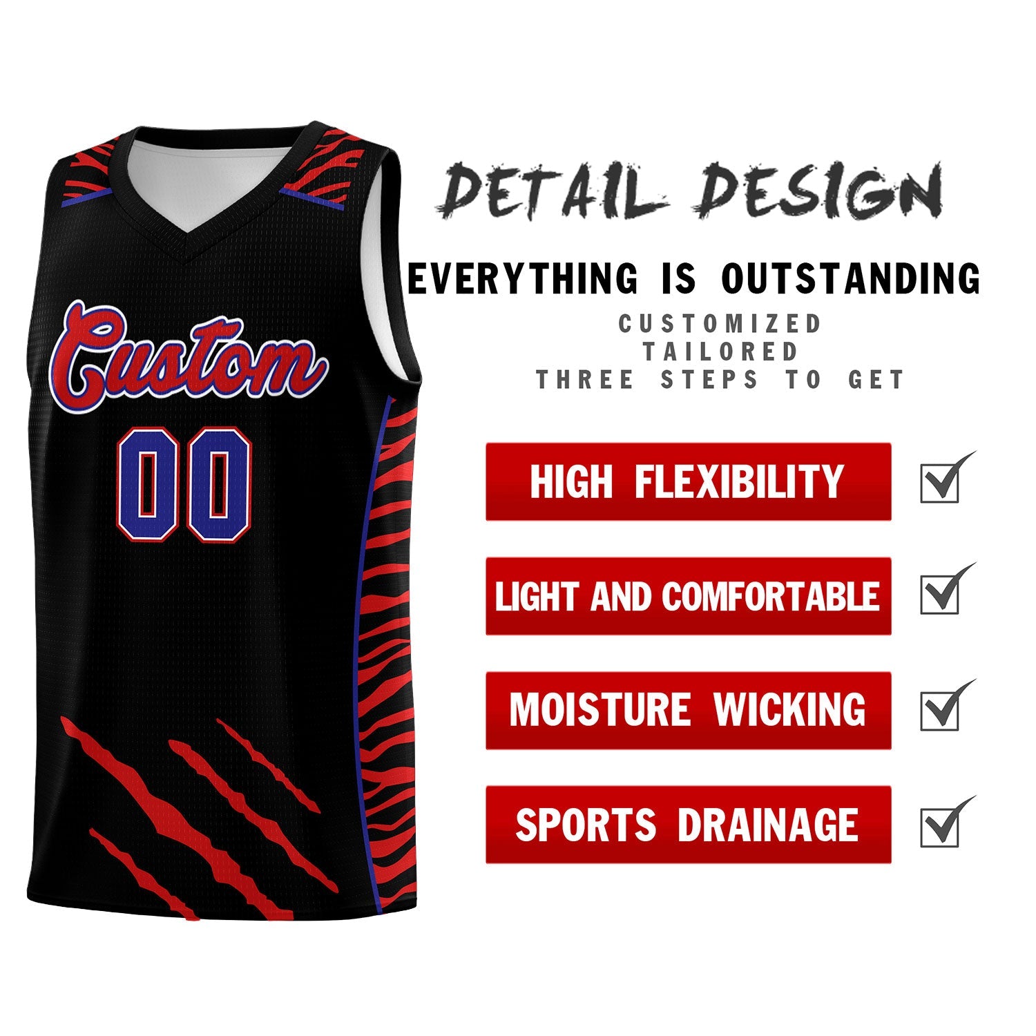 Custom Black Personalized Tiger Claw Pattern Sports Uniform Basketball Jersey