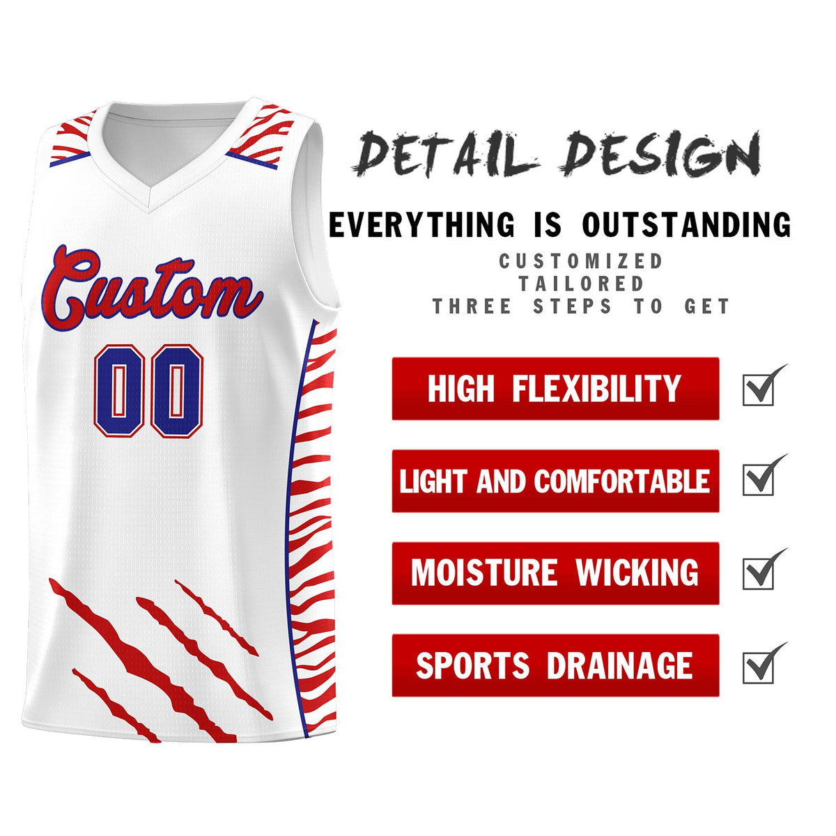 Custom White Personalized Tiger Claw Pattern Sports Uniform Basketball Jersey