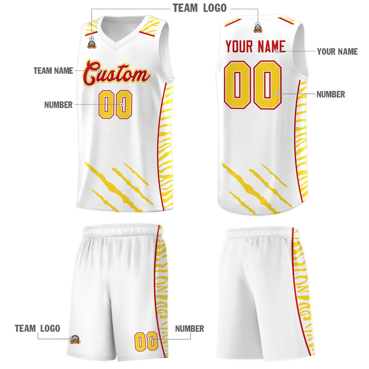 Custom White Personalized Tiger Claw Pattern Sports Uniform Basketball Jersey